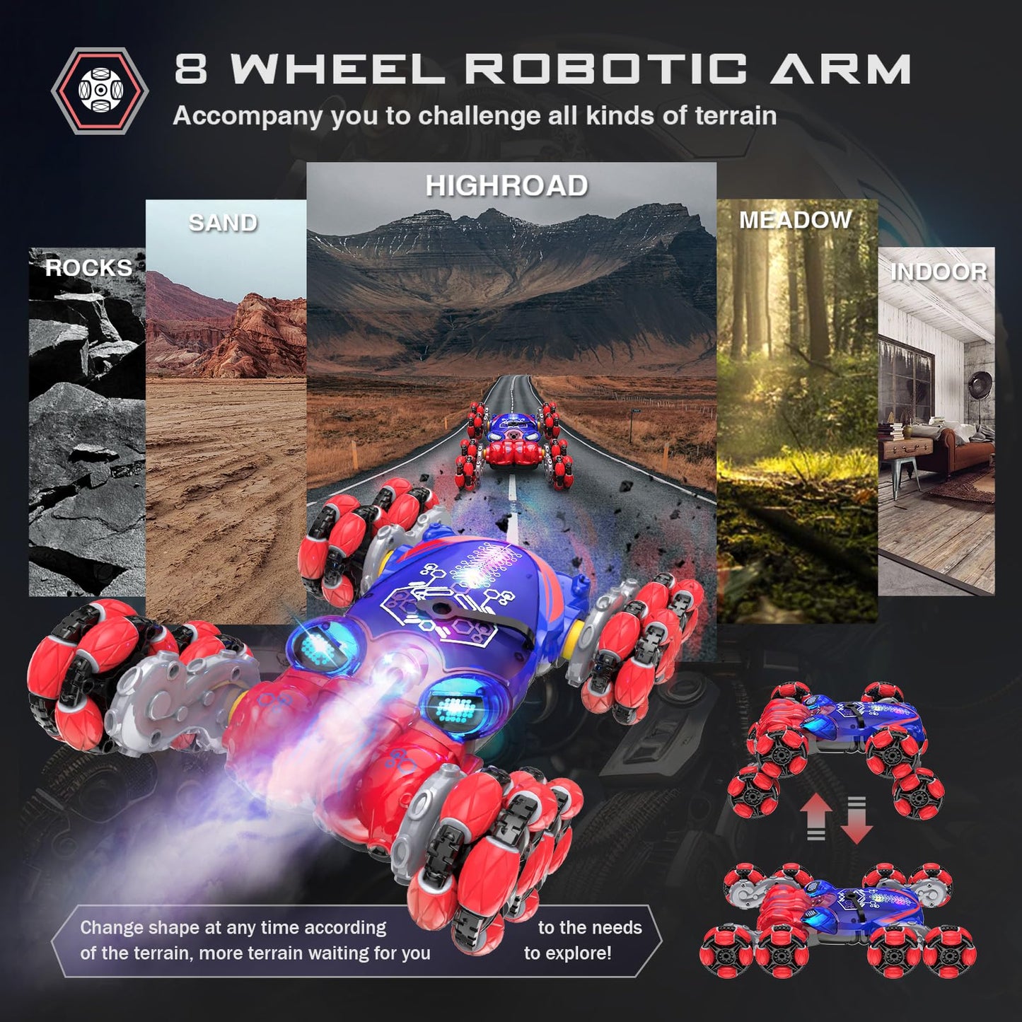 Paaxido Remote Control Car, 8WD Gesture Sensing RC Car, 2.4GHz RC Stunt Car Boys Toys with Spray & Light, Hand Controlled RC Car