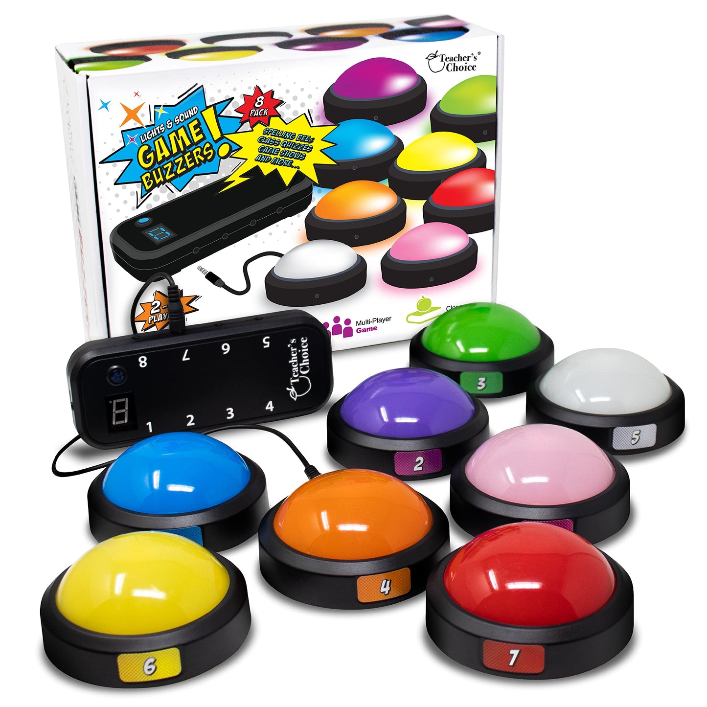 Teachers Choice 8 Player Light Up Game Buzzer System | Displays The Winning Player | Loud  Unique Sounds for Each Buzzer  Great for Trivia Games  Family Feud  Jeopardy  Competition  Spelling Bees-New