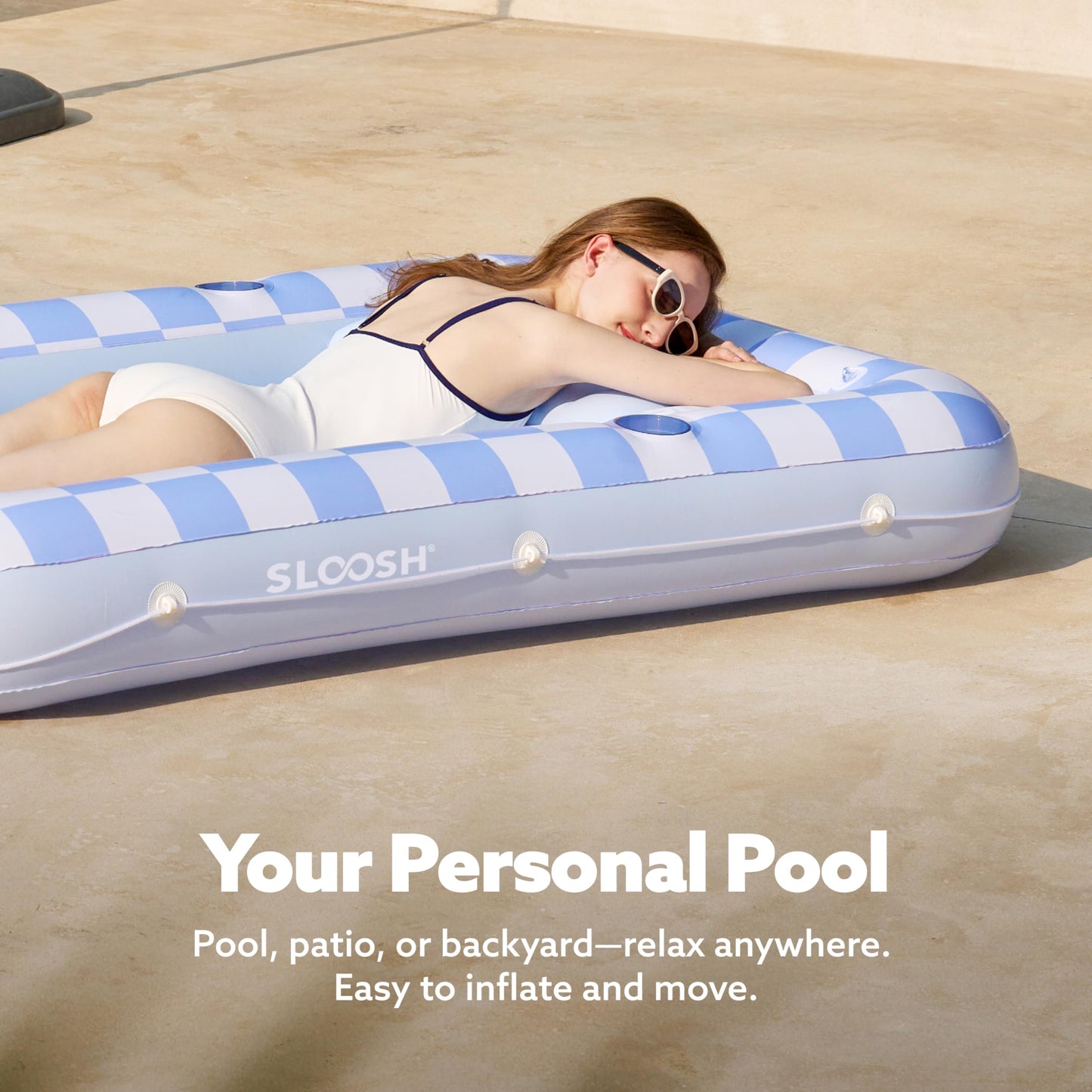 SLOOSH Inflatable Tanning Pool Lounger Float  70 x 46 Pool Floats mature-themed with Pillow  4 in 1 Suntan Tub Raft Floatie Sunbathing Bed Lounge for Water Blow Up Ball Pit Party Gifts  Blue Checker
