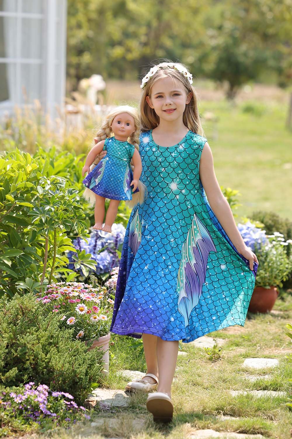 Bow Dream Girl Dress & Doll Clothes Set, Rainbow Unicorn, Size 4-5T, Blue Green