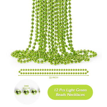 Zzyfgh 33'' 7Mm Metallic Light Green Bead Necklace Bulk, Mardi Gras Round Beaded Necklaces For Party Favors Costume Necklace (12