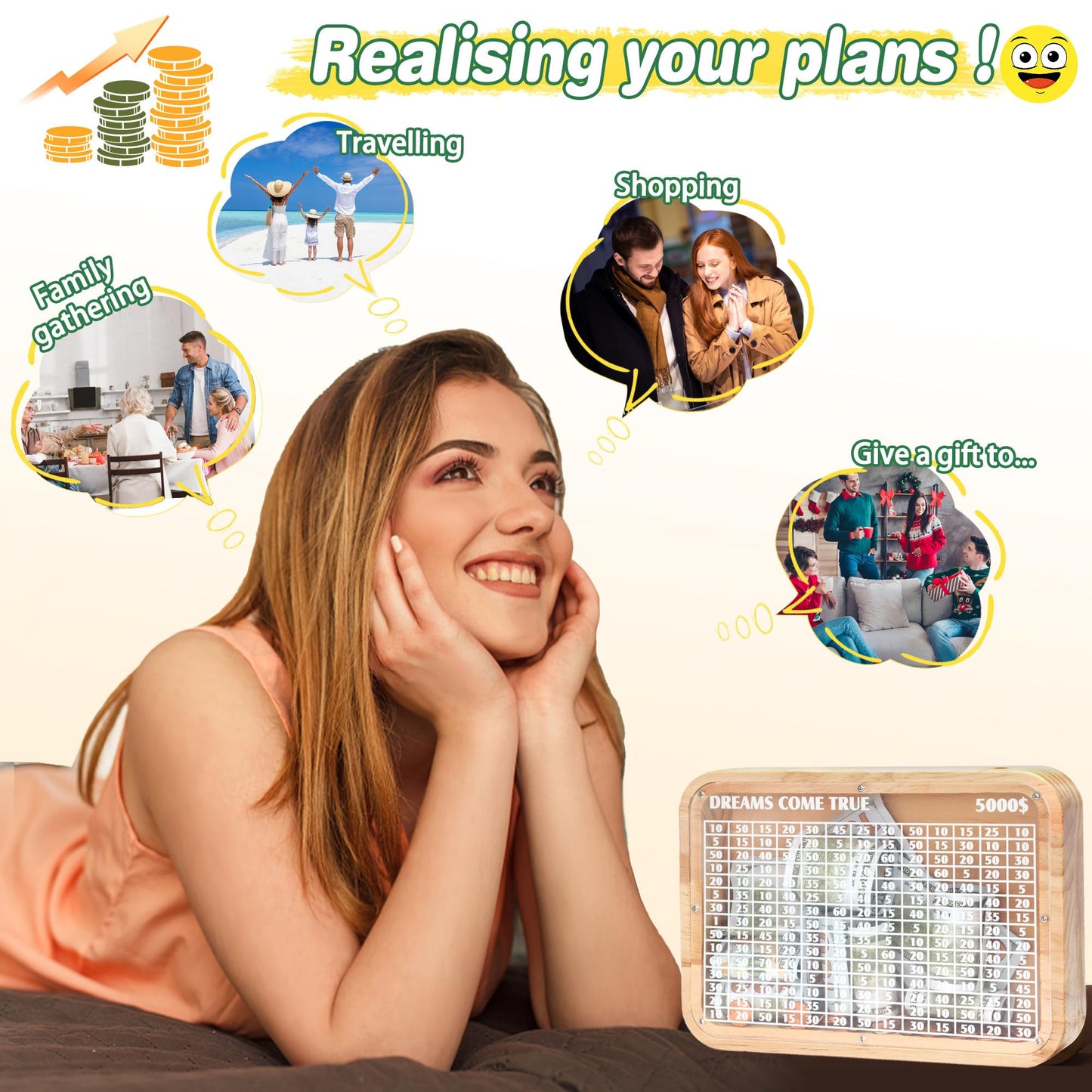 Wooden Money Saving Box With Cash Vault $5000 Piggy Bank For Adults Kids Boys With Counter Coin Challenge Bank For Girls (Target $5000)