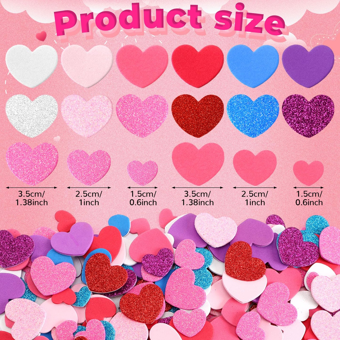 SEPGLITTER Heart Foam Stickers, 600Pcs Valentines Day Glitter Matte Love Heart Shaped Self Adhesive Foam Stickers Decals for Ki