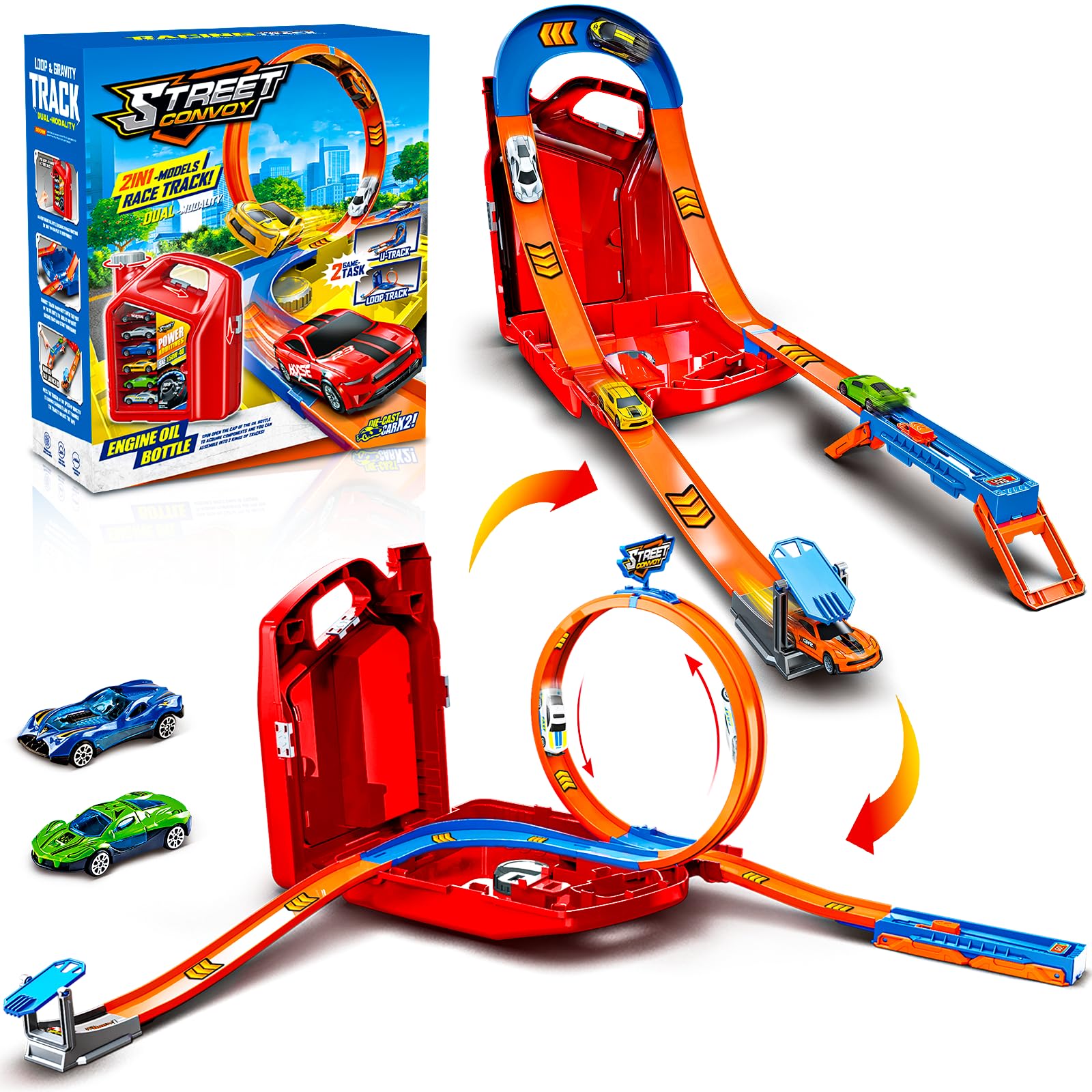 Race Track Toy Car Set with 2 Race Cars 2 in 1 Car Tracks Style with Storage Box Changeable Tracks Toys Birthday Gifts for Kids 3 4 5 6 7 8+Year Old Boys Girls (Red)