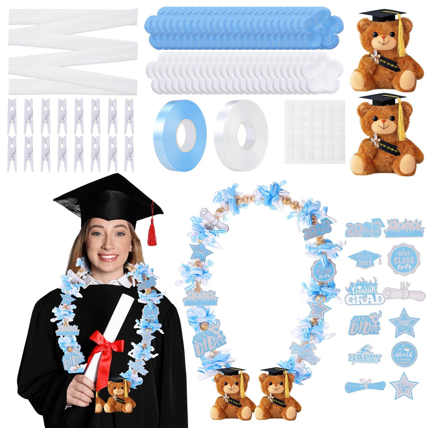RoundFunny Graduation Candy Leis Making Kit - 82 Pcs Plush Bear, Light Blue & White, Model QIR-RoundFunny-2649