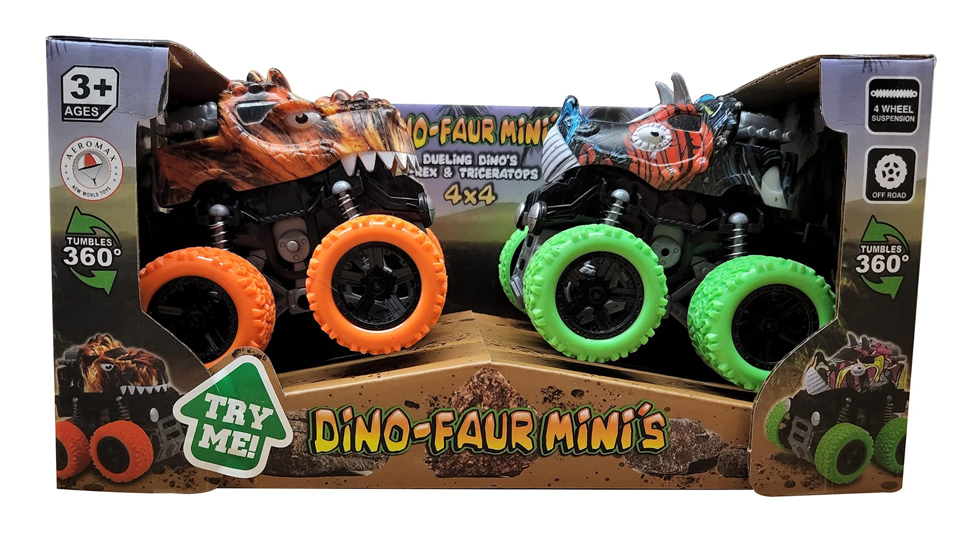 Aeromax Dino-Faur Mini Friction Powered Push N Go Truck Trex And Triceratops 2 Pack (Pbdb-C)