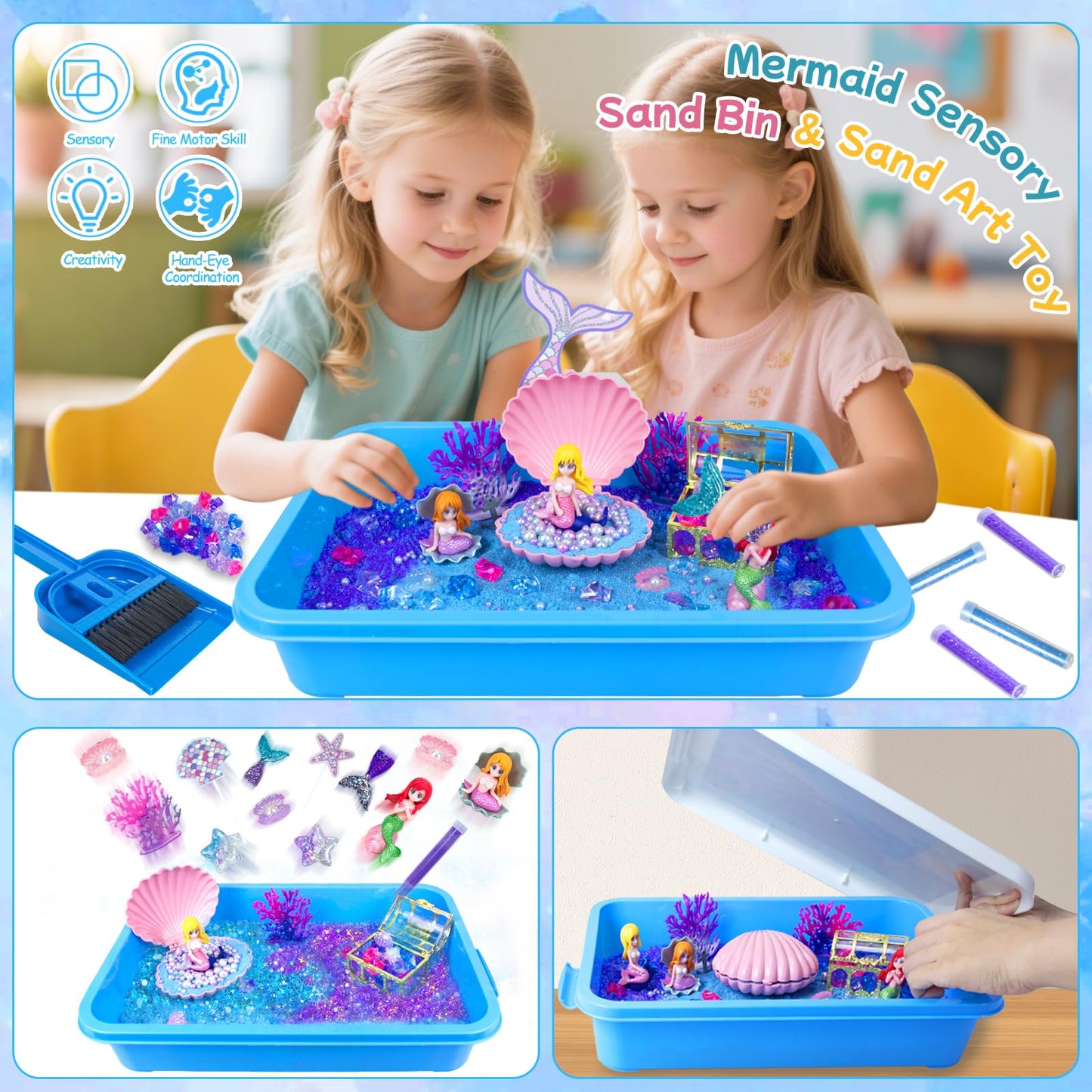 Mermaid Sensory Bin, Play Sand Art Kit with Sandbox & Accessories & Tools & Colorful Sea Shell Conch Starfish Gems Toys Set, Ind
