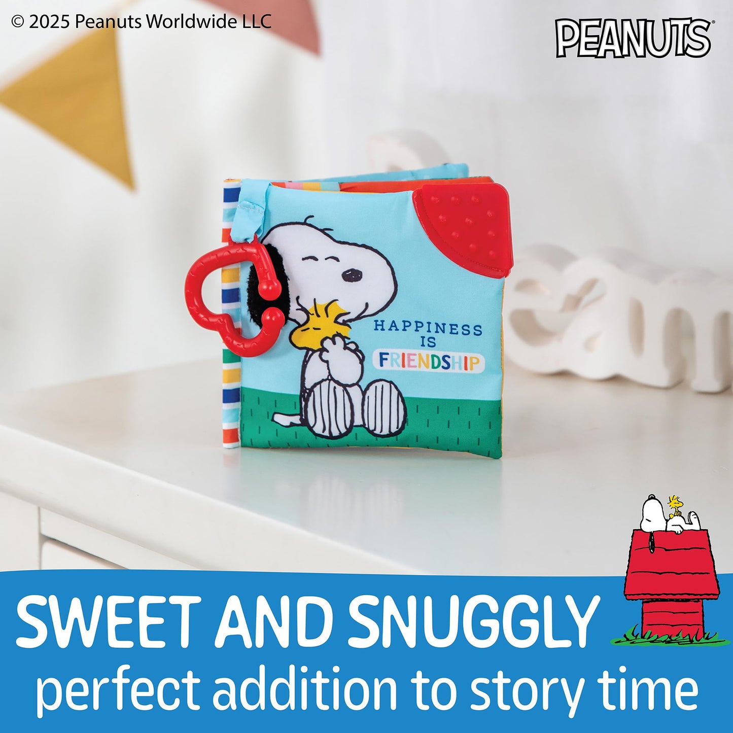 Kids Preferred Peanuts Snoopy Baby Stuff Fun Crinkle Book with On The Go Travel Clip Teether Soft Sensory Book for Babies & Todd