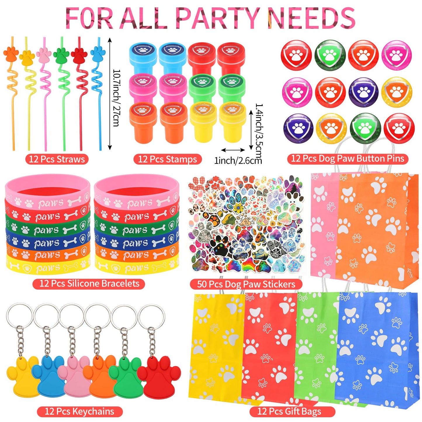 LiYiQ 122 Pcs Dog Paw Party Favors with Reusable Drinking Straws Paw Print Rubber Bracelets Keychains Stamps Dog Paw Button Pins