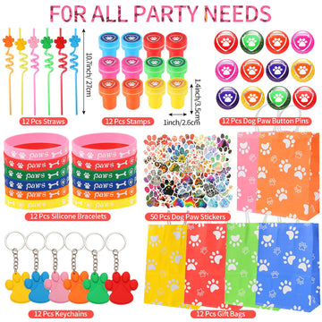LiYiQ 122 Pcs Dog Paw Party Favors with Reusable Drinking Straws Paw Print Rubber Bracelets Keychains Stamps Dog Paw Button Pins