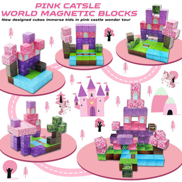 Graceduck 60Pcs Magnetic Blocks For Toddlers, Build Magnetic Pink Castle Set - Magnetic Construction Cube Toys, Montessori Sensory Toys For Toddlers 6 7 8 9 10 Year Old Girls Boys