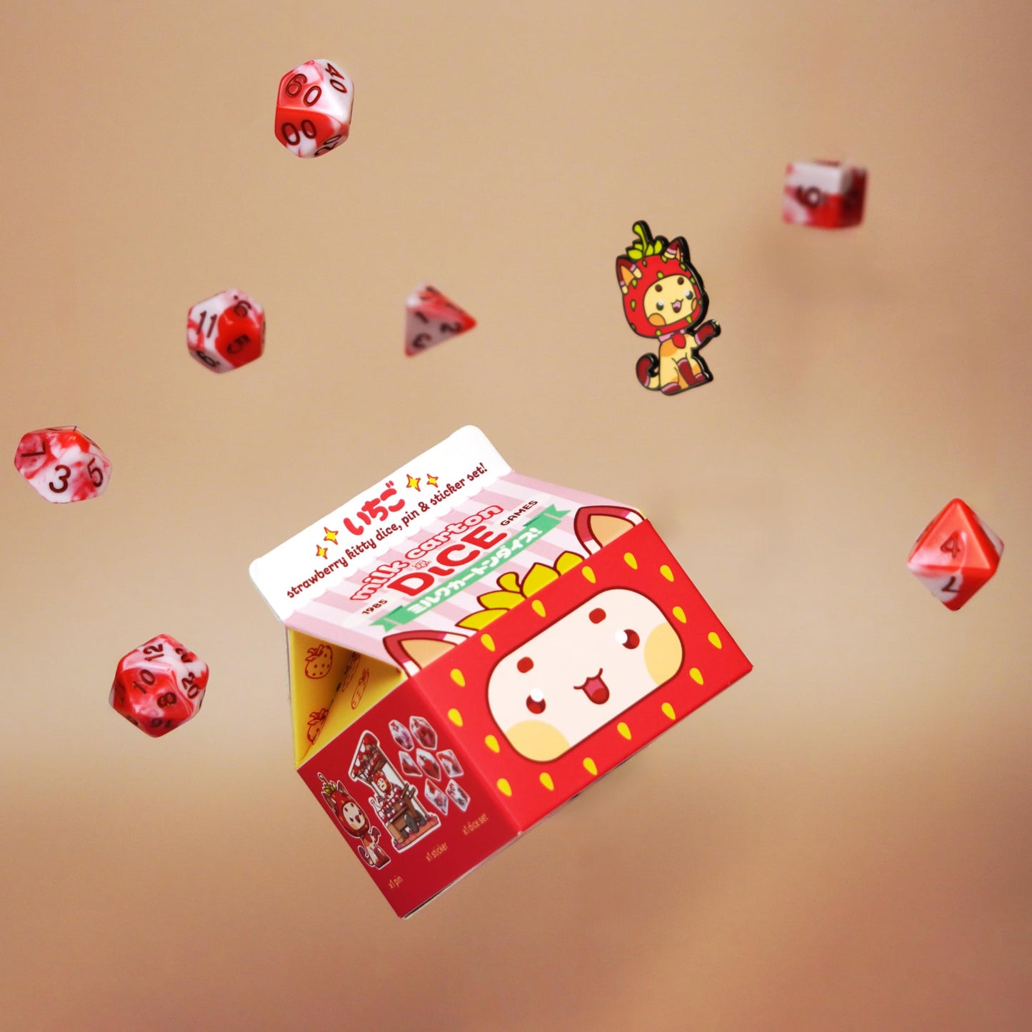 1985 Games Strawberry Kawaii Cat Dice Set - Milk Carton-Inspired Dice For Dnd | Ttrpgs & Tabletop Roleplaying