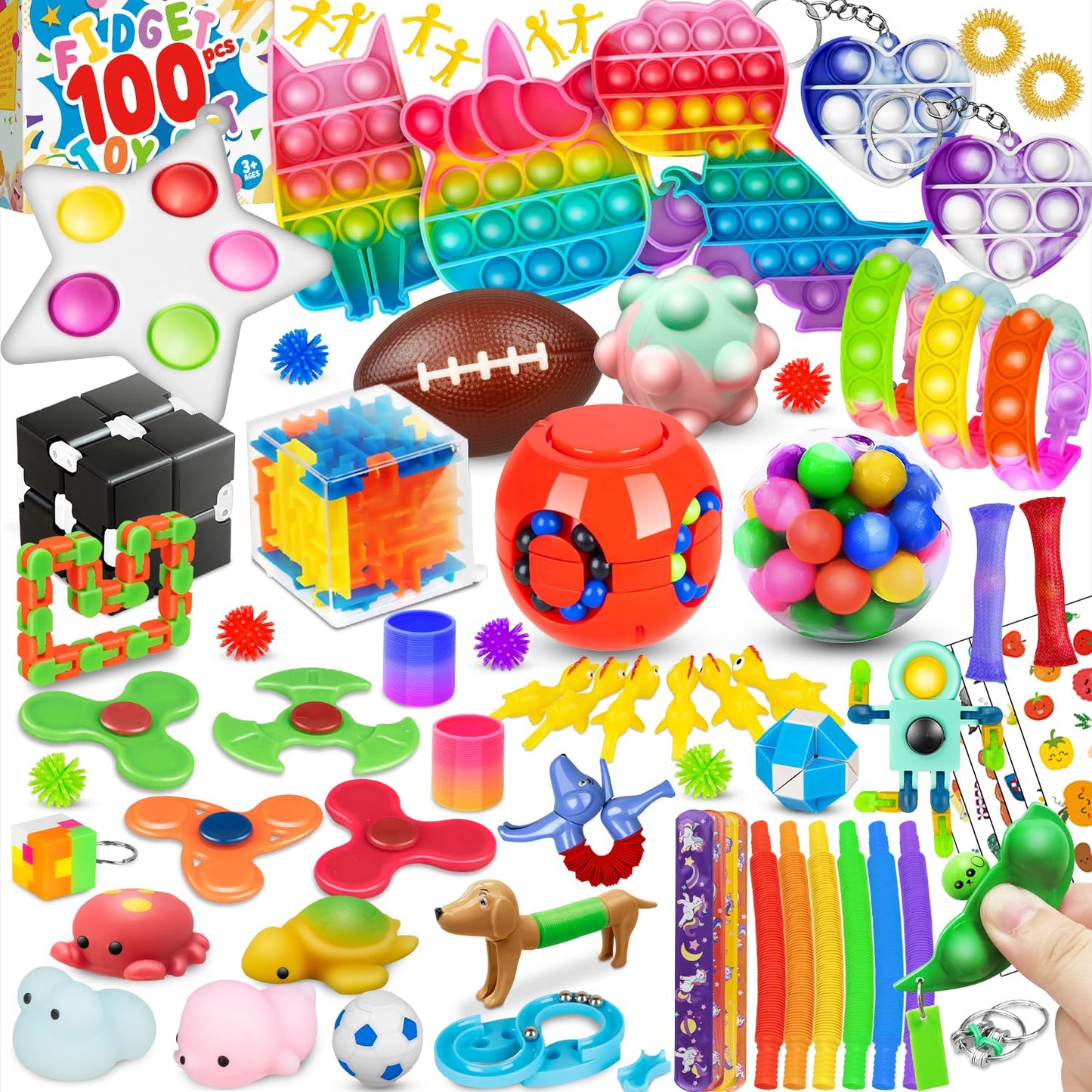 (100 Pcs) Fidget Toys Pack, Party Favors Stress Relief & Anxiety Relief Sensory Toy, Classroom Prizes Pinata Filler Treasure Box,Stocking Stuffers Gifts For Kids Boys Girls Teens