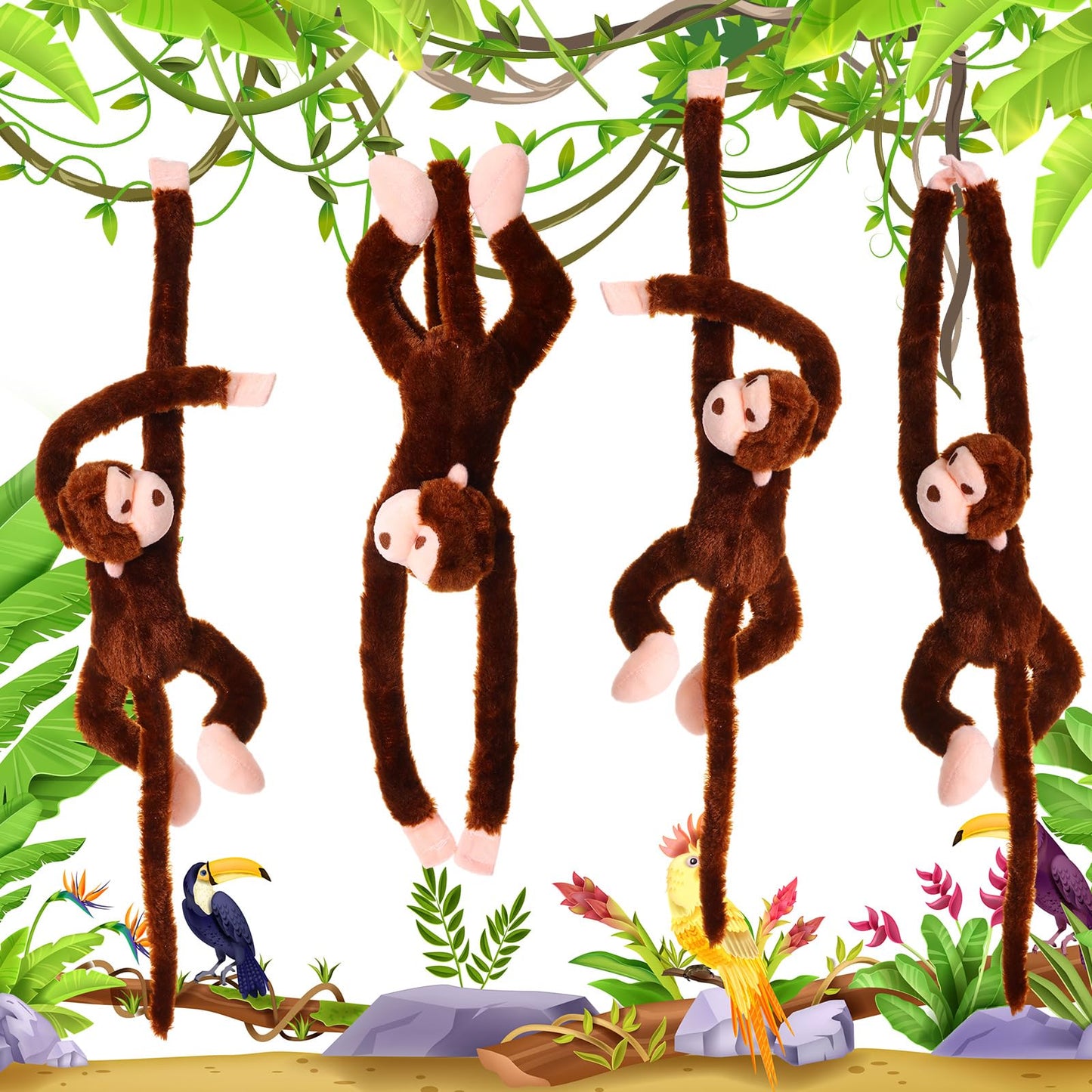 Chivao Set Of 4 Stuffed Monkey Hanging Stuffed Animal Monkey Plush Toy Large Animal With Loop For Gifts Favors(28 Inch,Dark Brown, Light Brown)