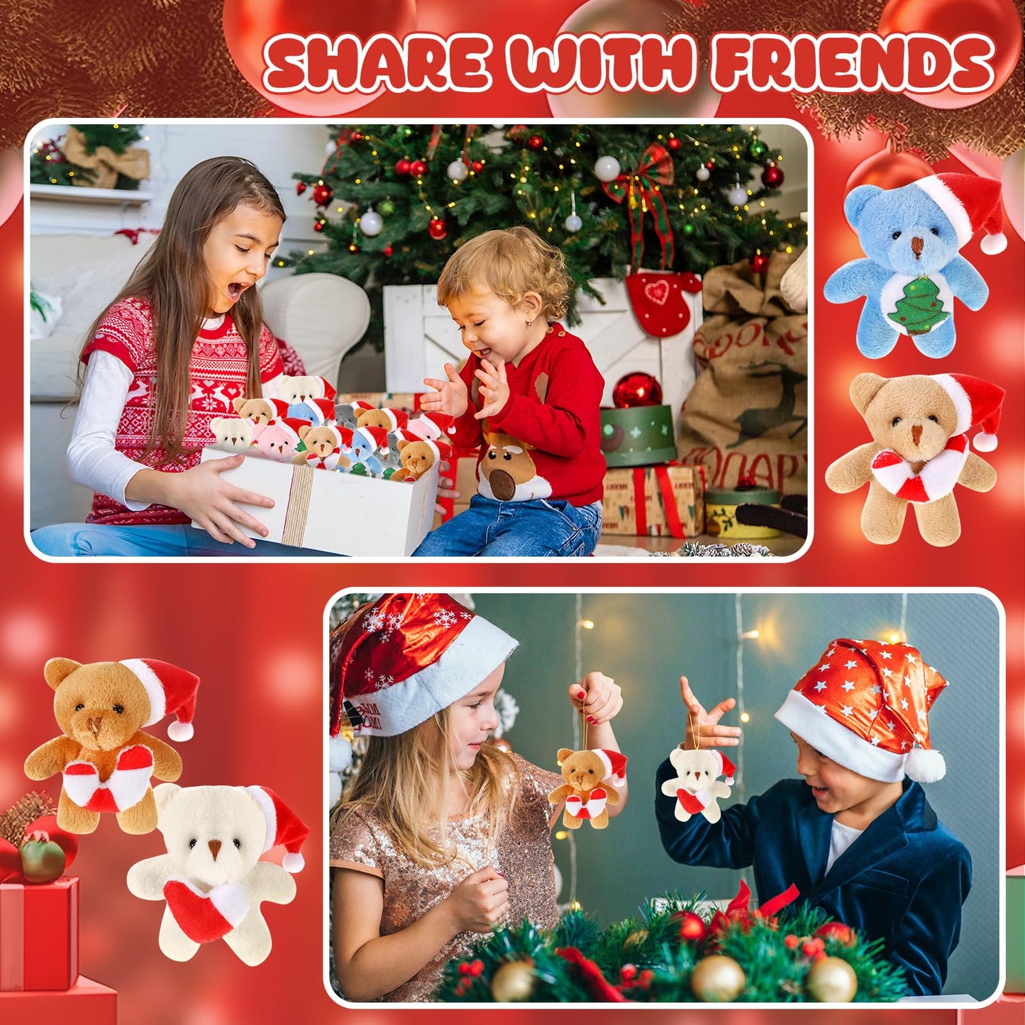 Blueweenly 24 Pcs Christmas Mini Stuffed Animal Bear Bulk Small Plush Christmas Bear with Santa Hat Tiny Xmas Animal Keychain fo