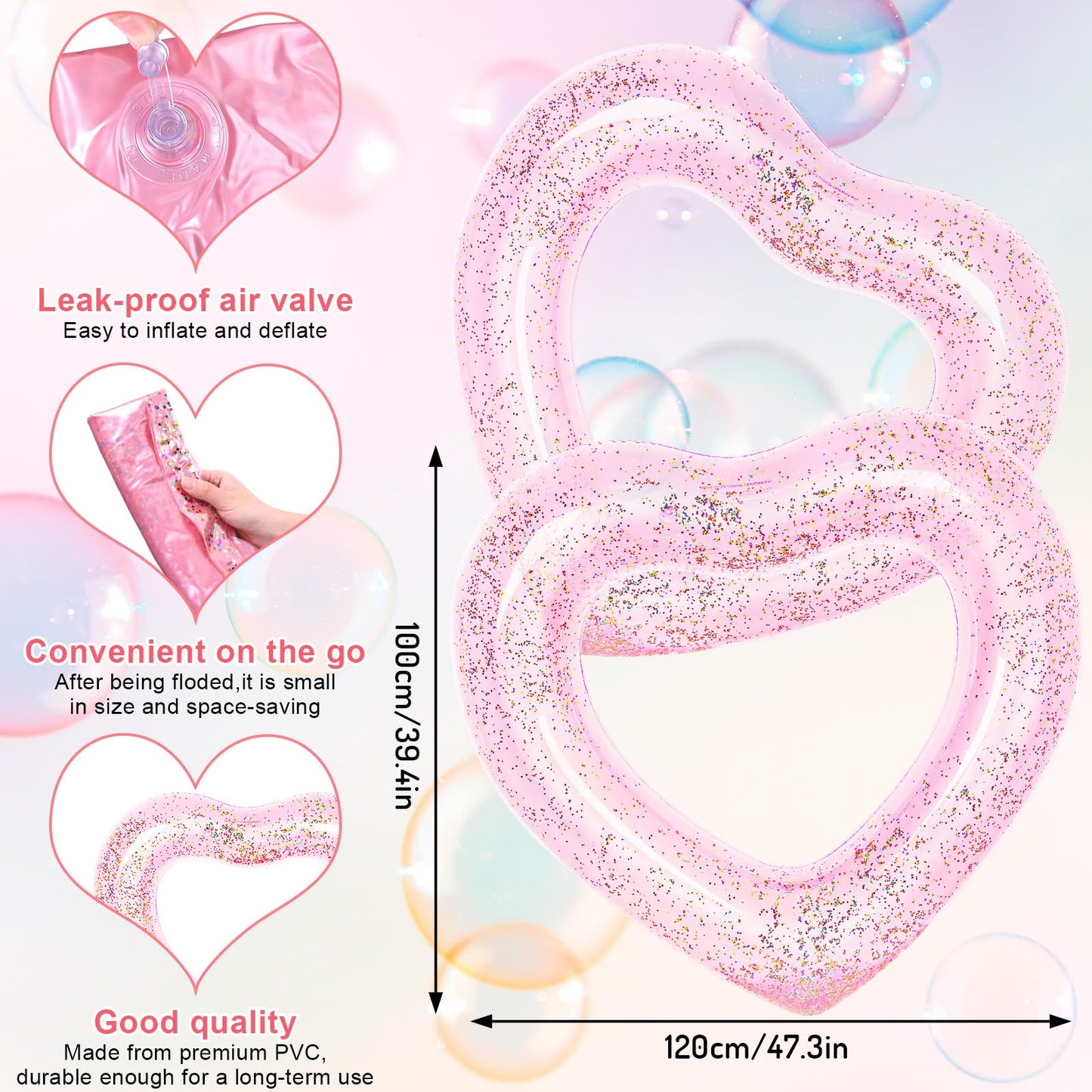 Whaline 3Pcs Inflatable Heart Pool Float With Glitter Inside Pink Swim Pool Rings Float Loungers Tube For Summer Pool Beach Bach