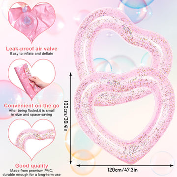 Whaline 3Pcs Inflatable Heart Pool Float With Glitter Inside Pink Swim Pool Rings Float Loungers Tube For Summer Pool Beach Bach