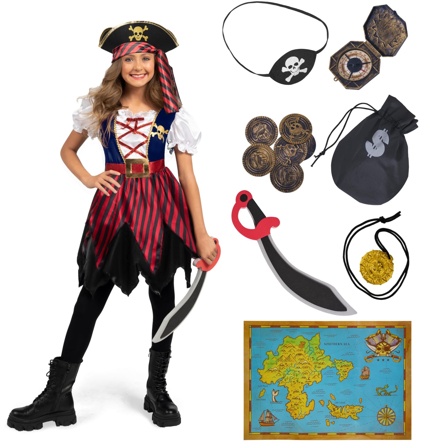Spooktacular Creations Halloween Kids Pirate Costume  Blue Pirate Dress for Girls  Buccaneer Princess Outfit for Girls Halloween Dress Up  RolePlay Themed Party (Small  5-7 yrs)