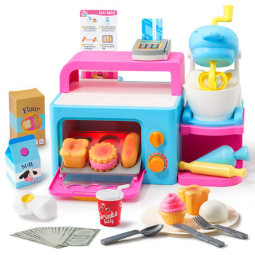 Toddler Pretend Play Kitchen Toys, Bakery Shop With Light & Sound Oven, Realistic Mixer, Color Changing Cookies, 20 Pieces Play 