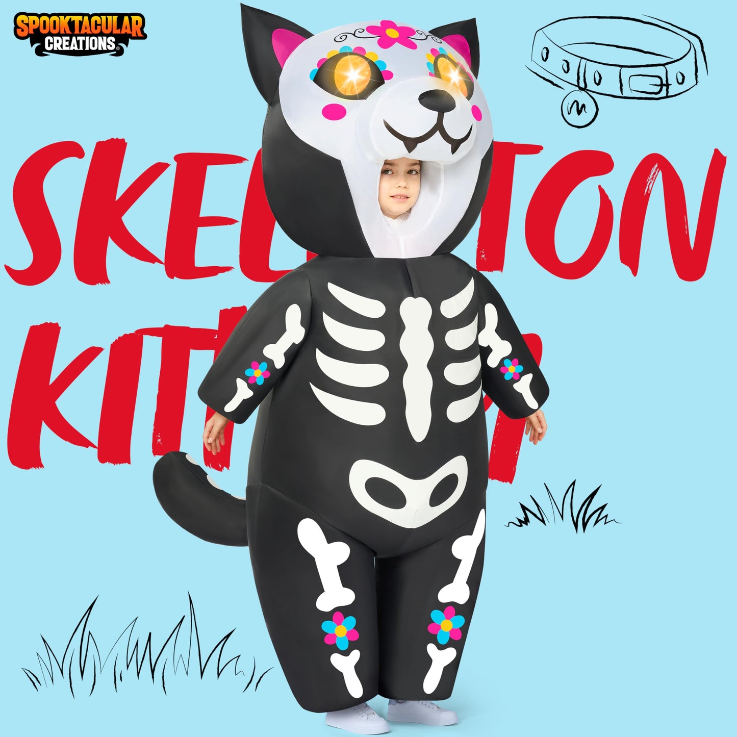 Spooktacular Creations Kids Inflatable Costumes With Led Eyes, Halloween Skeleton Cat Blow Up Costumes For Girls, Full Body Kitty Inflatable Suit For Halloween Cosplay Parties