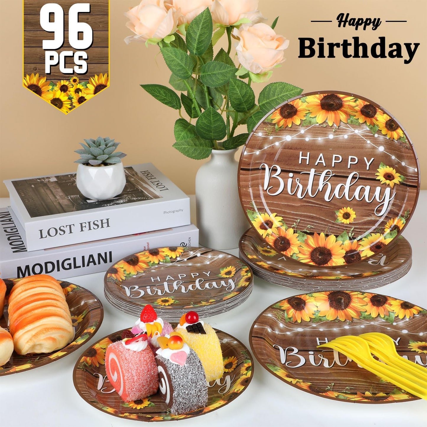 Obusatt 96Pcs Sunflower Birthday Party Decorations Sunflower Birthday Paper Disposable Dinner And Dessert Paper Disposable Plate