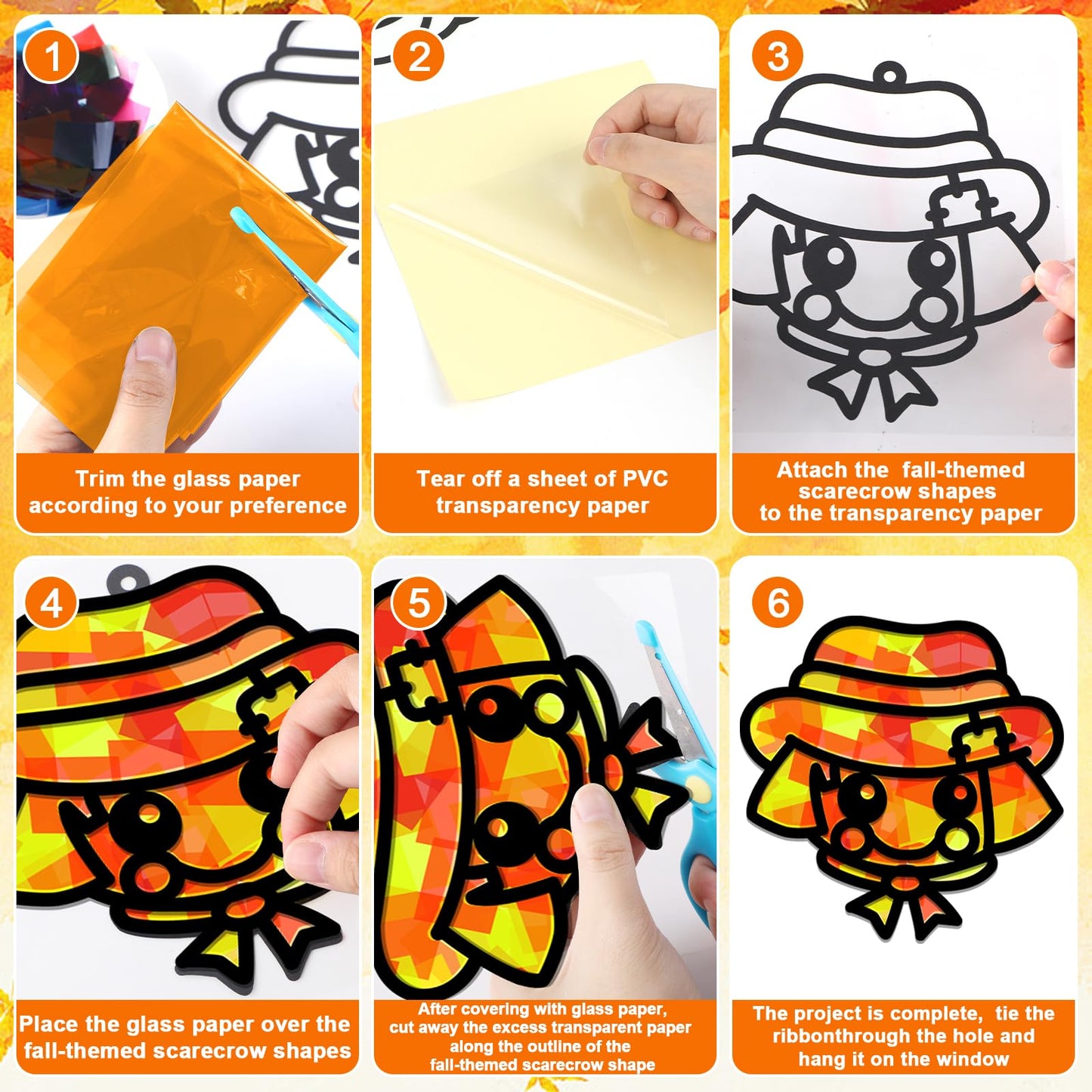 QOUBAI 32 Sets Fall Scarecrow Suncatchers Craft Kit DIY Window Stained Glass Effect Autumn Scarecrow Paper Crafts Home School Cl