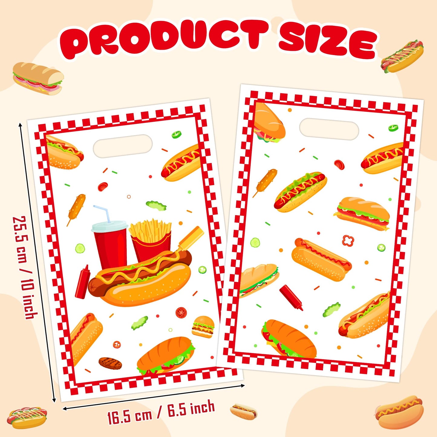 ArianQicult Hot Dog Party Favor Bag 50Pcs Delicious Food Themed Sweet Goody Candy Treat Gift Bags, Snacks Hotdog Pattern Design
