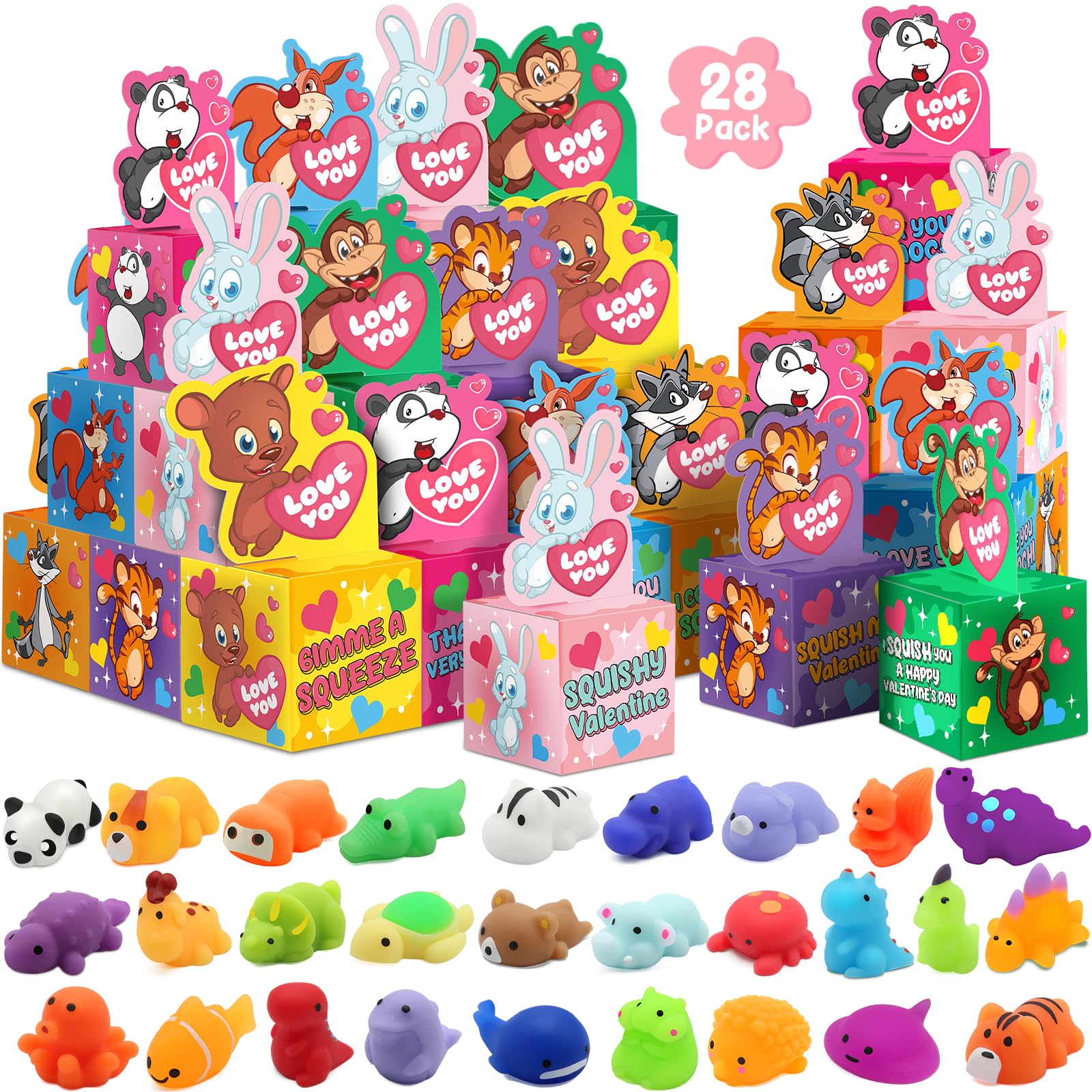 SURCVIO 28 Pack Valentines Day Gifts for Kids, Mochi Squishies Party Favor Set with Greeting Card Boxes for Kids, Valentine Anim