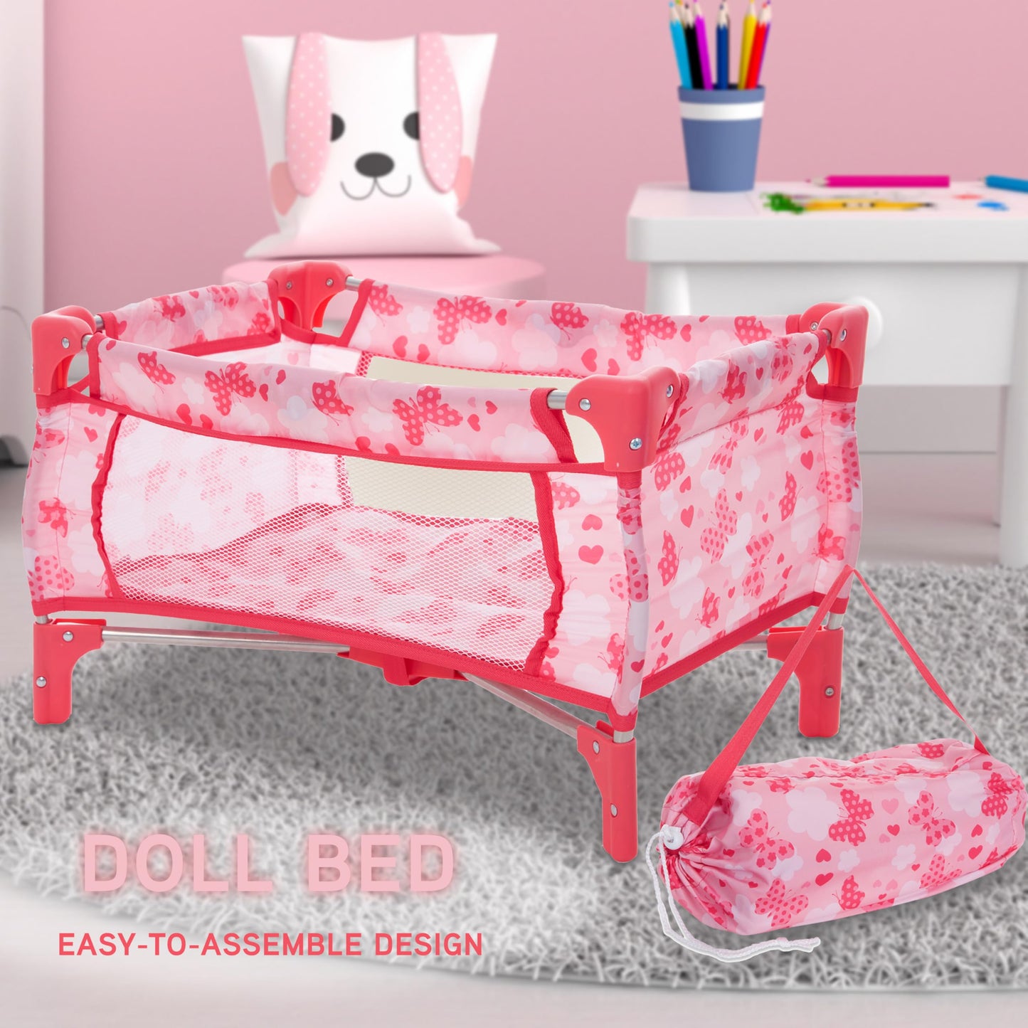 Dolls To Play Baby Doll Stroller Bed and Seat Nursery Playset, Accessories Furniture Set High Chair Diaper Bag Role Play Deluxe