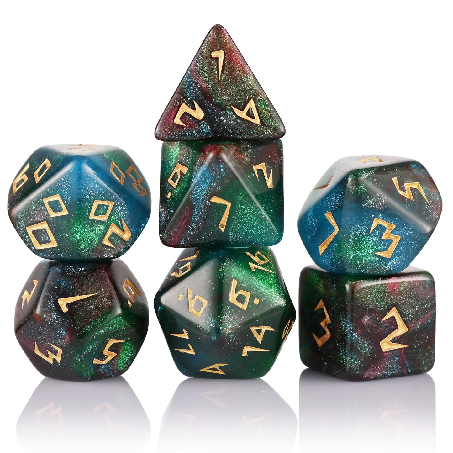 Glitter Purple Green Mixed Colour Dice Set, Polyhedral Dice Set Filled with Shiny Glitters, Polyhedral DND Dice Set for Dungeons