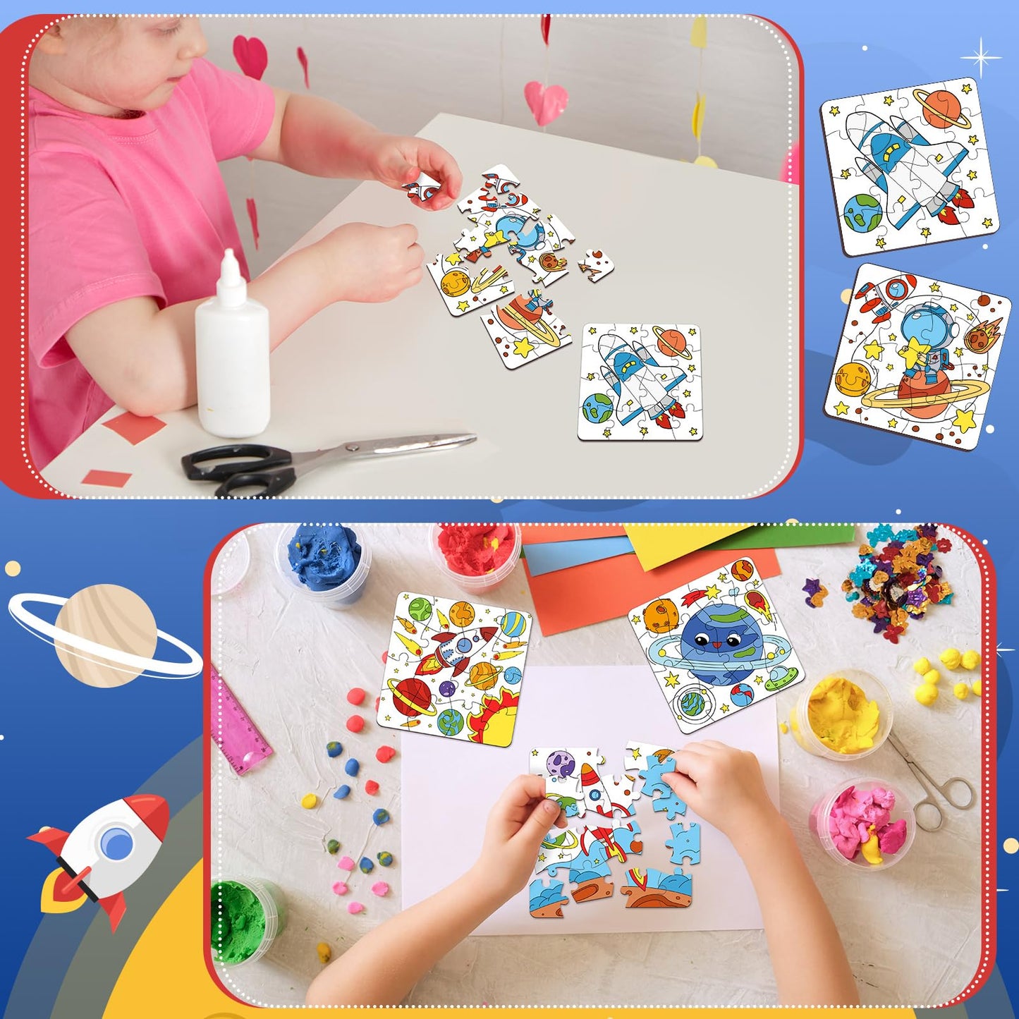 Realspring 24 Pack Outer Space Color Your Own Jigsaw Puzzles for Kids 3-5, 4-6, 6-8, Coloring Crafts DIY Paper Puzzles Party Fav