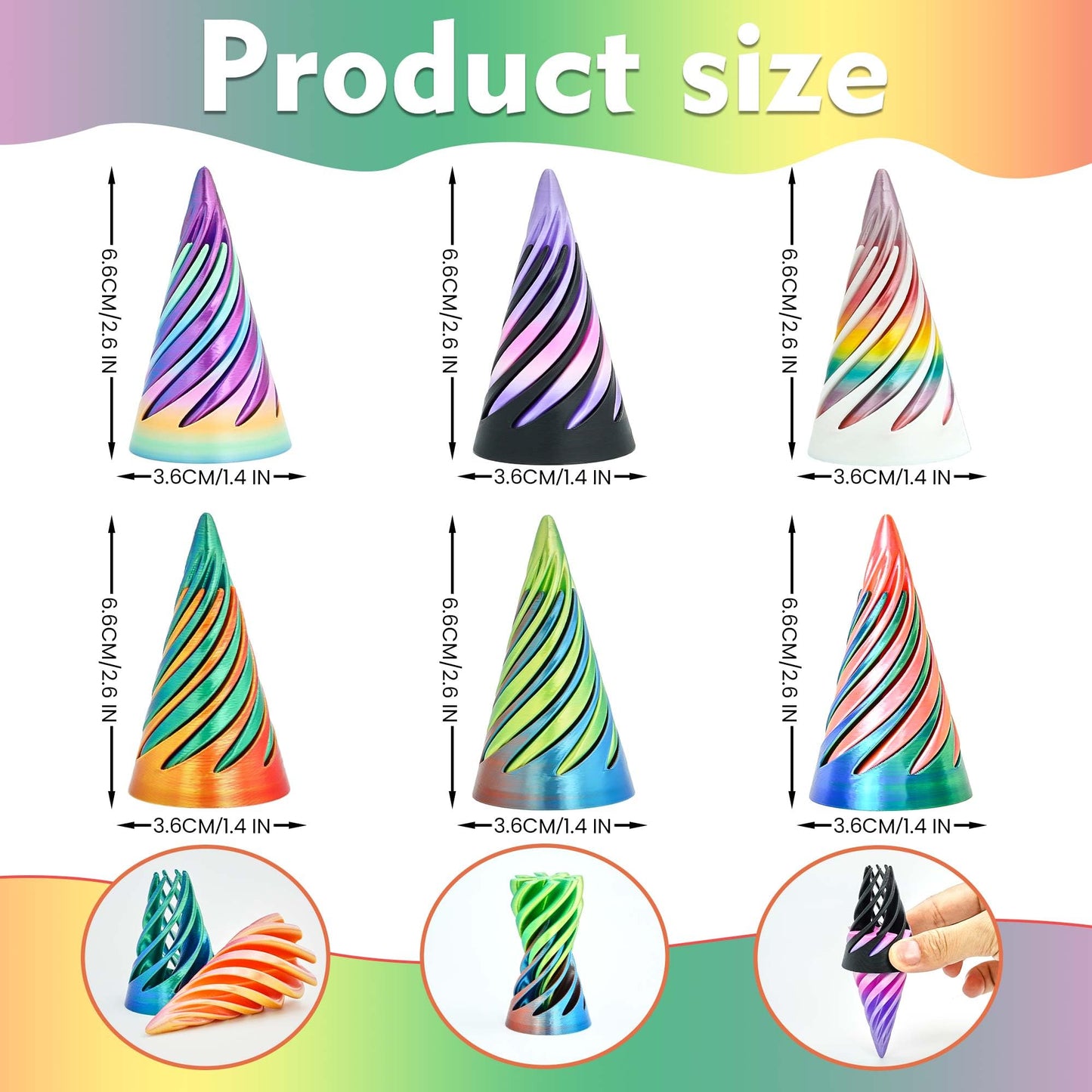6PCS Impossible Cone 3D Printed Spiral Cone Fidget Toys Impossible Pyramid Passthrough Sculpture Stress Relieving Toys for mature-themeds and Kids Stocking Filler White Elephant Gifts (6 Colors)