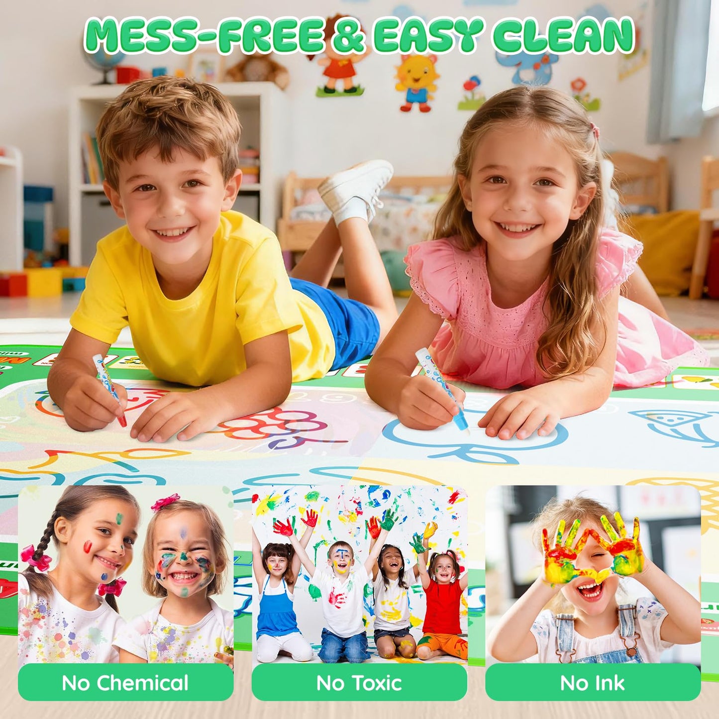 Assark Water Doodle Mat - 40x32" Mess-Free Coloring, Educational Toy for Kids, Green, Ideal Birthday/Christmas Gift for Ages 3-8