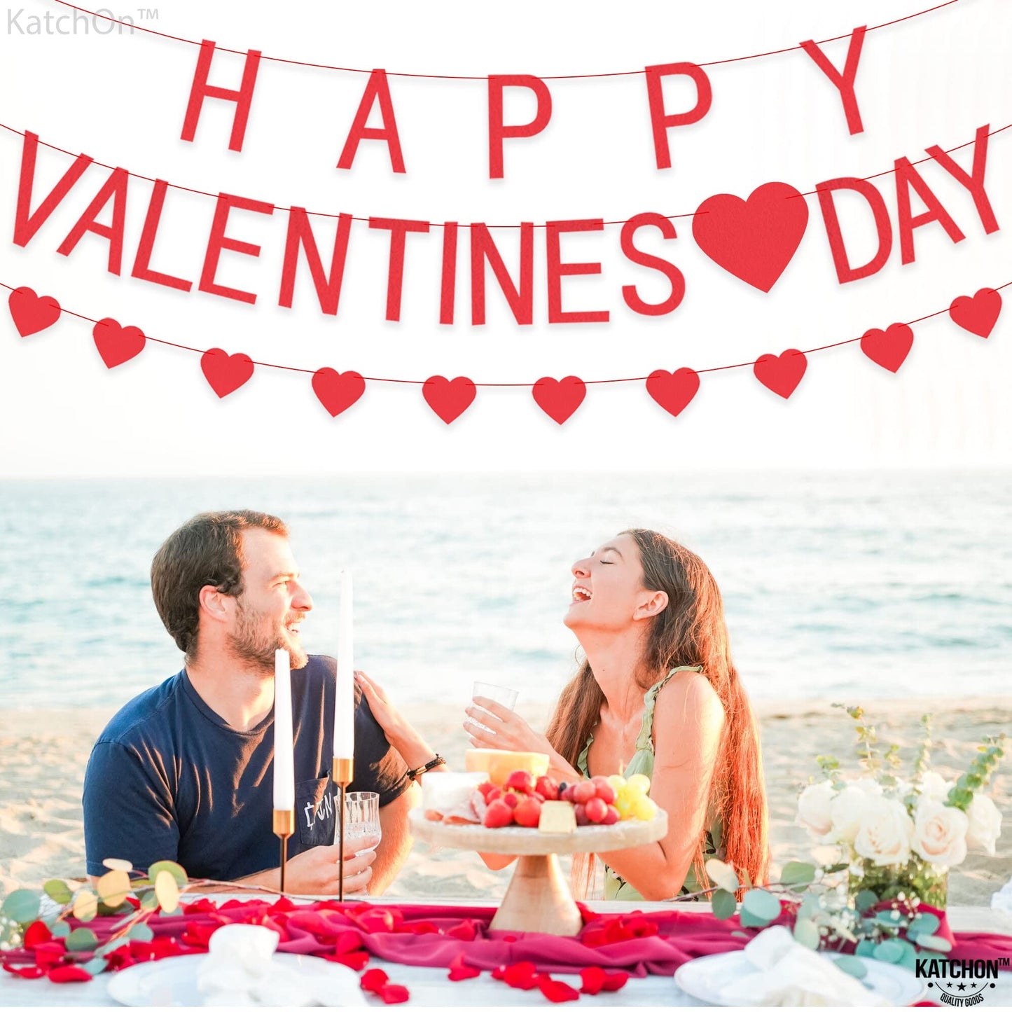 KATCHON Happy Valentines Day Felt Banner With Heart Garland for Mantle, Indoor or Outdoor Decorations, No DIY Required, Red, Fel