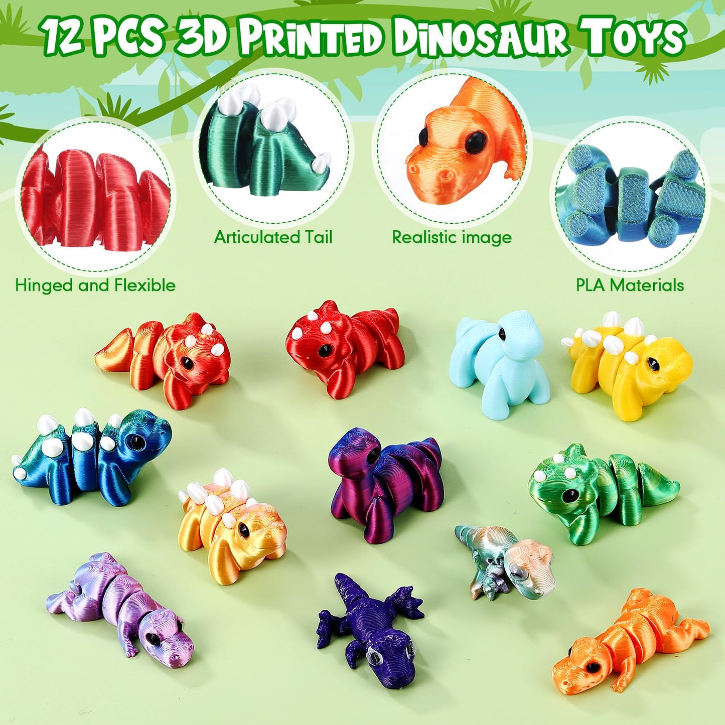 Honoson 12 Pcs 3D Printed Fidget Toy 3D Printed Dinosaur Small Animal Toy Flexible Cute Articulating Pet Stress Relief Fidget To