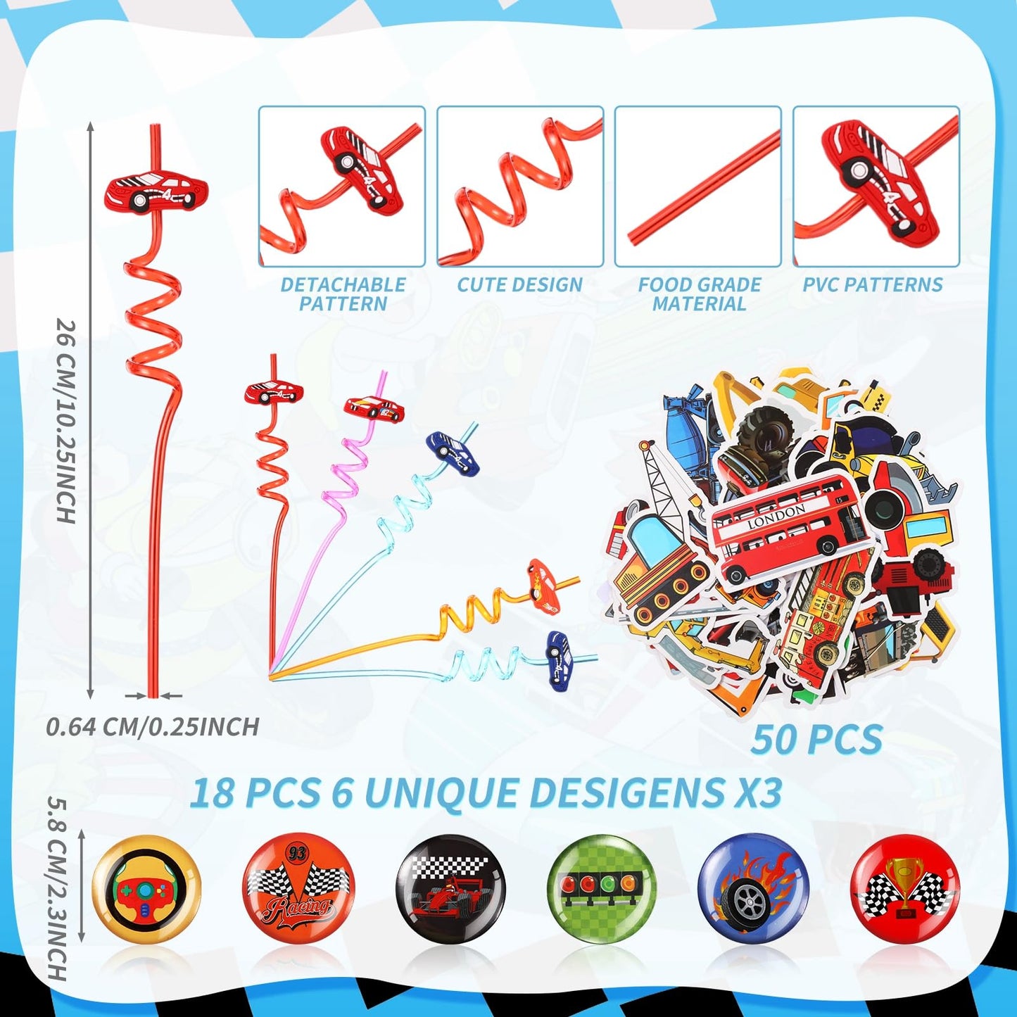 Sadnyy 140 Pcs Race Car Party Favors Birthday Party Decorations Supplies Drawstring Bags with Silicone Bracelets Keychains Straw