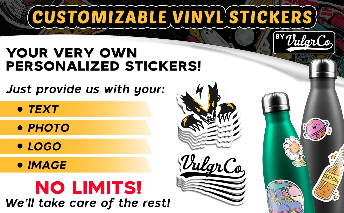 Vulgrco Personalized Custom Individually Die Cut Stickers Decals For Fun, Business, Weddings, Birthdays, Gifts Waterproof (Stand