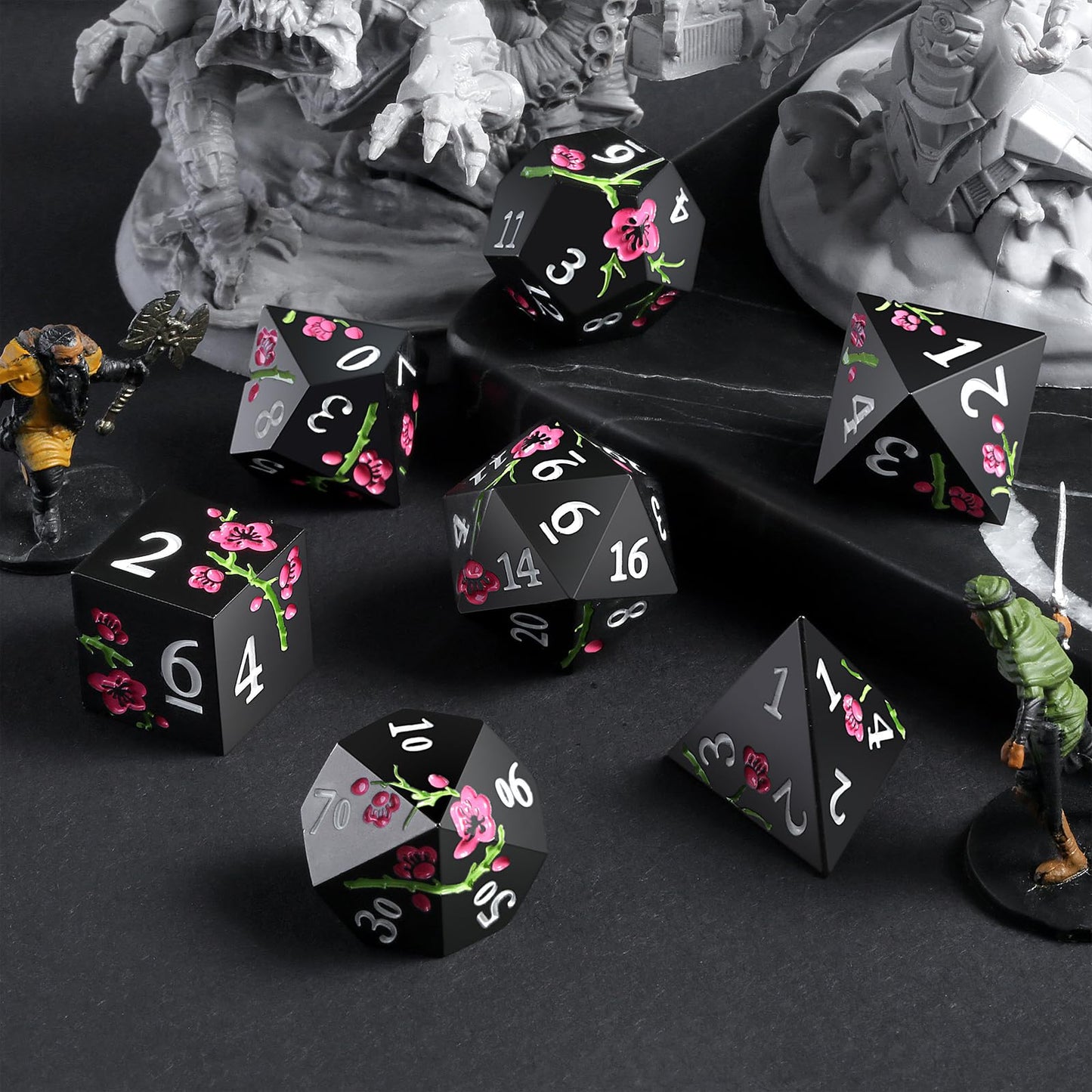 Metal Dice Set D&D, DNDND 7 PCS Flower Metallic DND Dice Set with Grogeous Gift Case for Dungeons and Dragon Tabletop Game (Matt