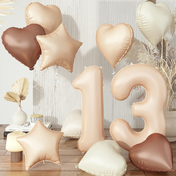 Cream 13 Balloons Decor, Beige Brown White Sand Foil Star Heart Balloon Decor, Large Helium Nude Apricot Neutral Number 13 Ballo