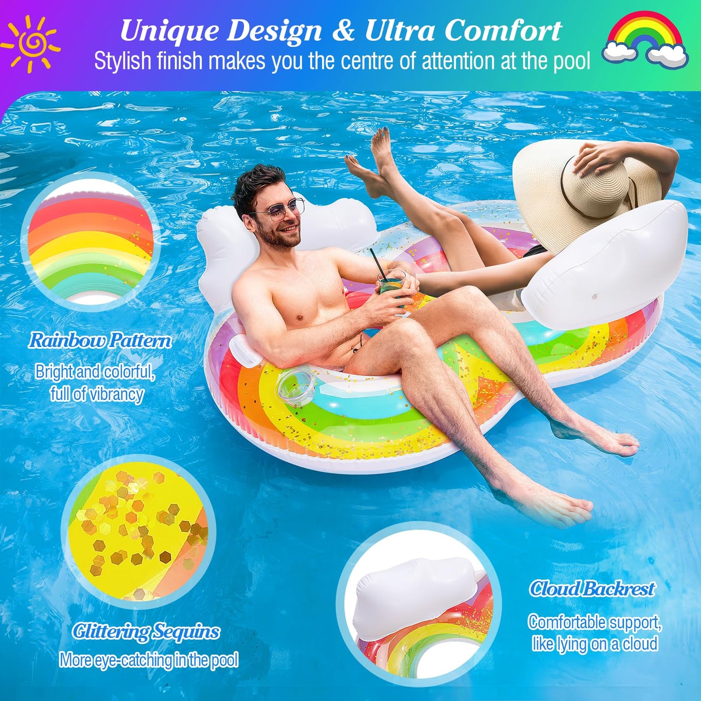 MoKo Pool Floats mature-themed  2 Seat Inflatable Chairs  Rainbow Pool Floaties with Clouds Backrests  Inflatable Pool Toys with Cup Holders and Handles Beach Party Water Park  Rainbow & White Clouds