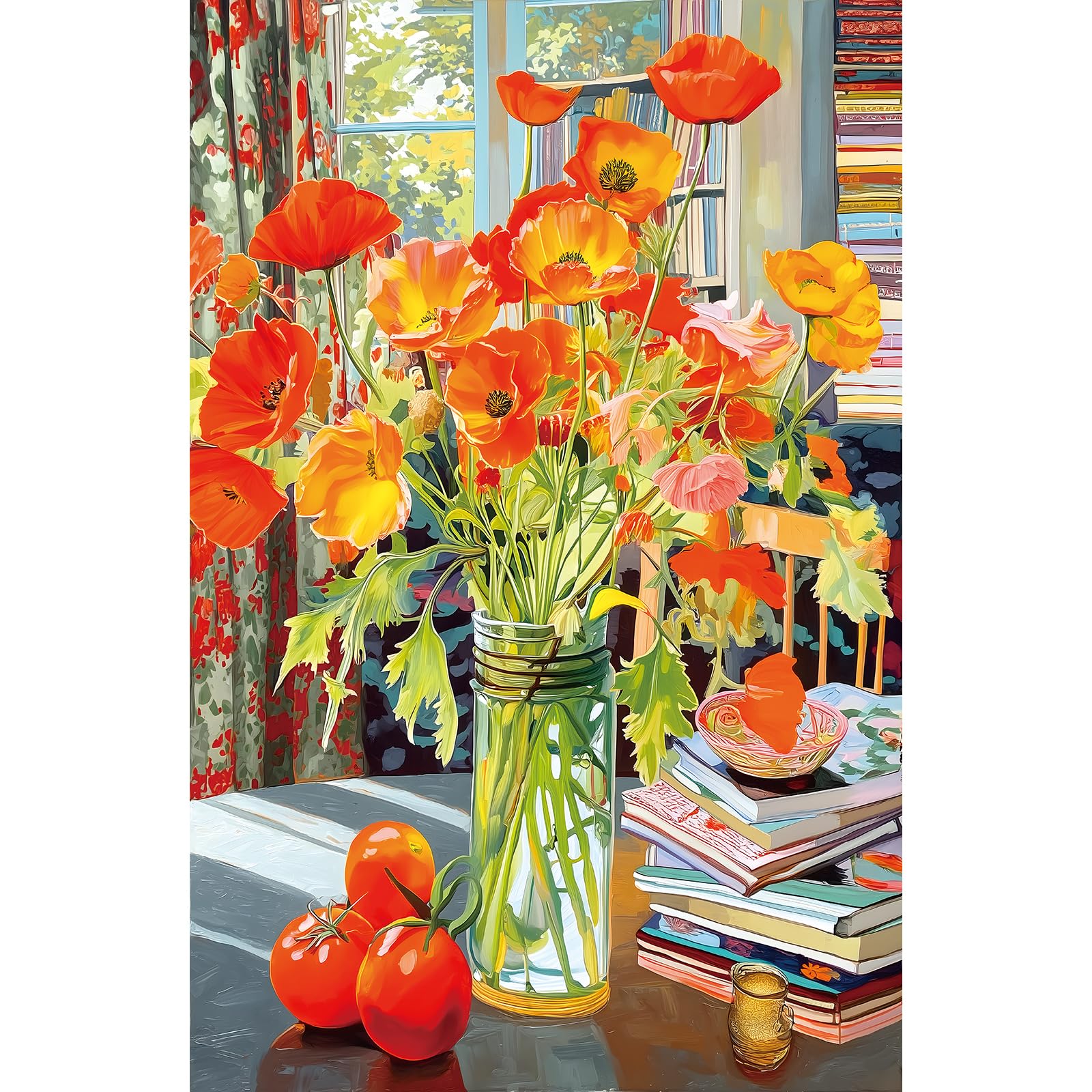 500 Piece Jigsaw Puzzle for mature-themeds Orange Floral Art enhanced 15 x23  Beautiful Flowers Large Piece Puzzle with Books Tomatoes Still Life Challenging Gift for Women  Men  Puzzle Lovers