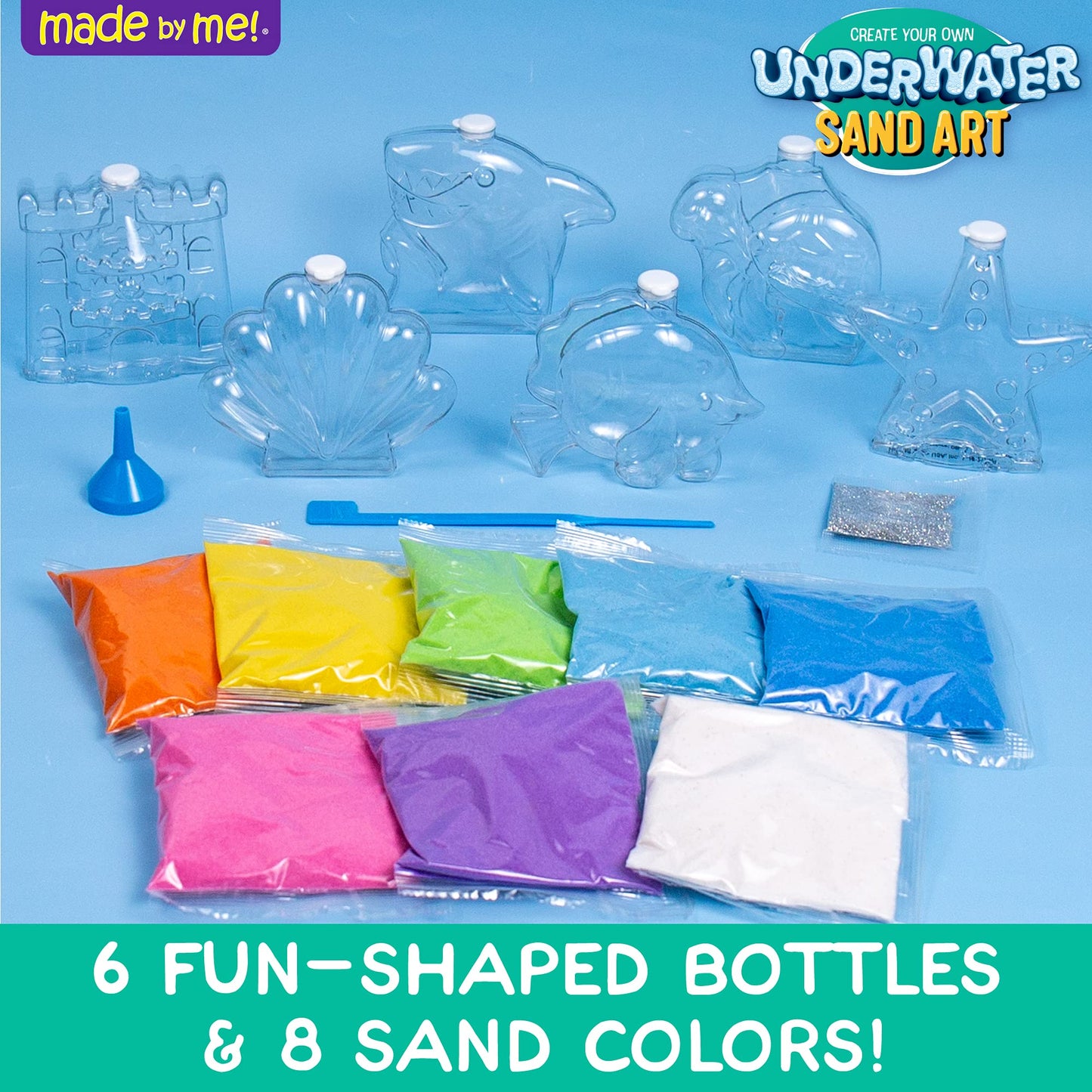 Made By Me Underwater Sand Art Kit, 6 Ocean-Themed Bottles, 8 Sand Colors, Glitter, Funnel, DIY Activity for Kids Ages 6-9