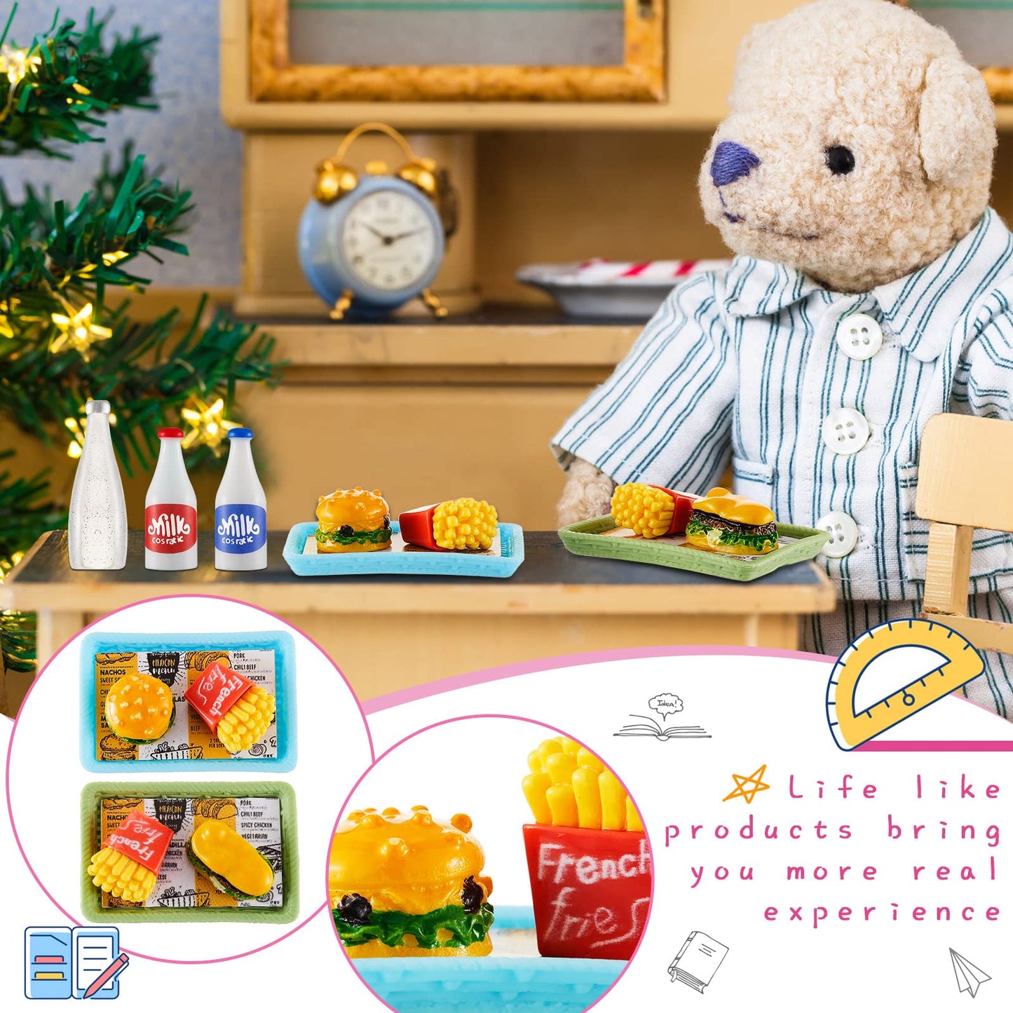 Zhanmai 17 Pcs Mini Stuff Miniature Doll House Accessories - Mini School Supplies For Dolls - Miniature Food Set Hamburger Fries Juice Fast Food Set Pretend Play