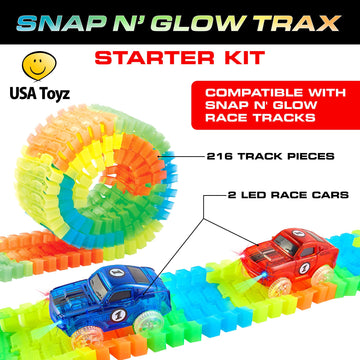 Usa Toyz Glow Tracks Starter Kit Race Tracks And 2 Led Toy Cars - 216Pk Glow In The Dark Bendable Flexible Rainbow Race Track Set With 2 Light Up Car Toys, Stem Building Toys For Boys And Girls