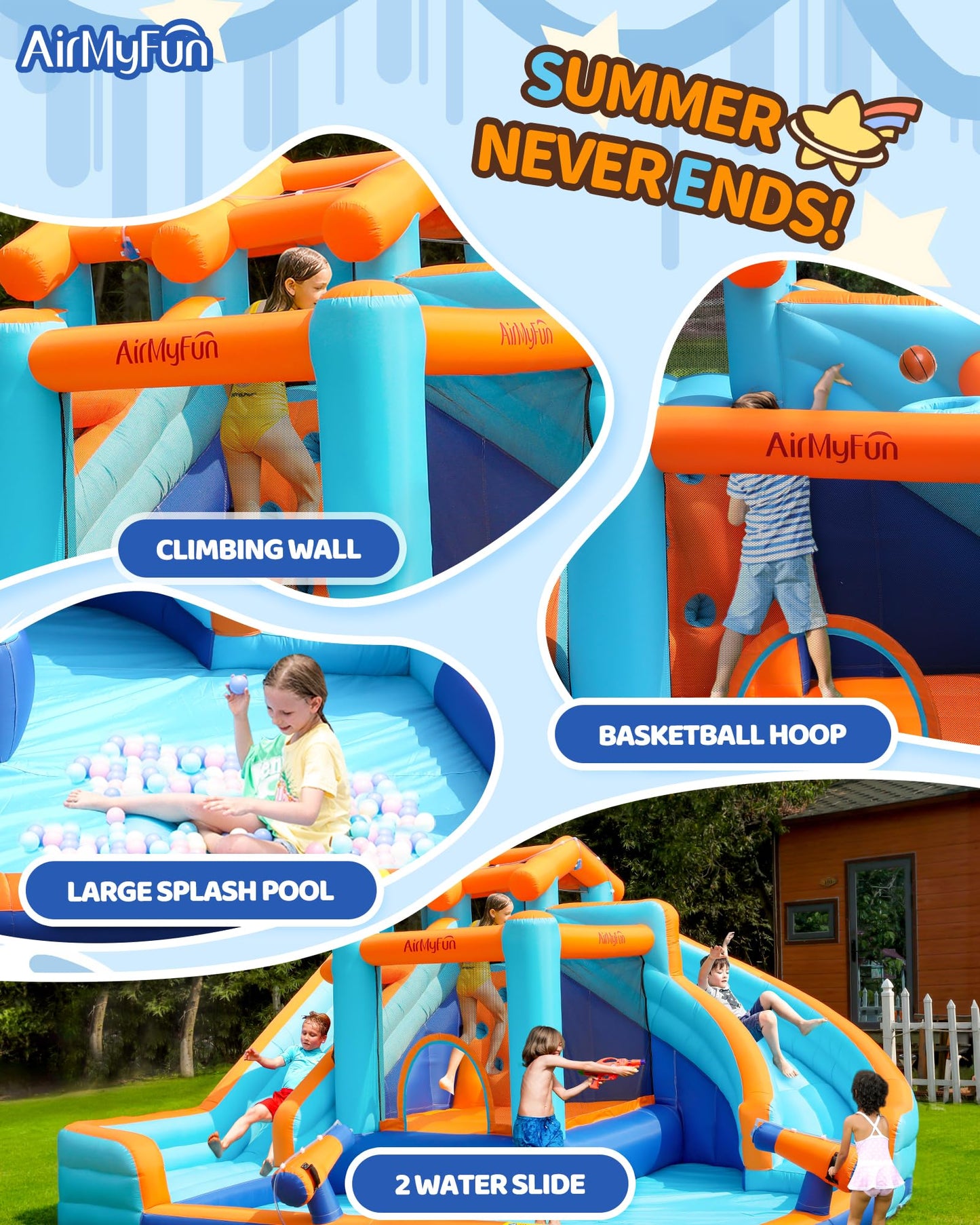 AirMYfun Water Slide Bounce House for Kid and mature-themed Outdoor with Large Splash Pool Inflatable Bouncy Castle with Long Dual Slide and Basketball Hoop for Kids Outdoor