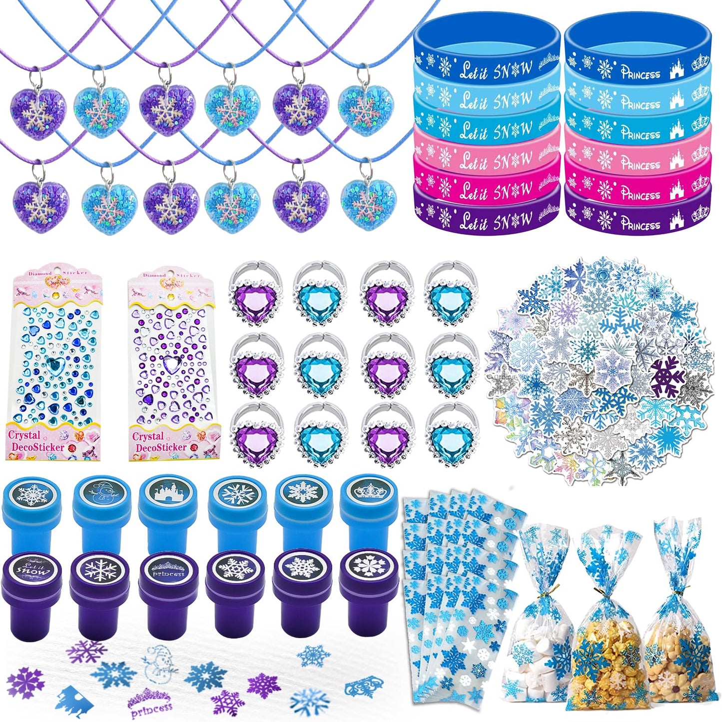 150Pcs Snowflake Birthday Party Favors Supplies Kids Girl Winter Party Decorations Set Include 50 Cookie Bags,12 Bracelets,12 Sn