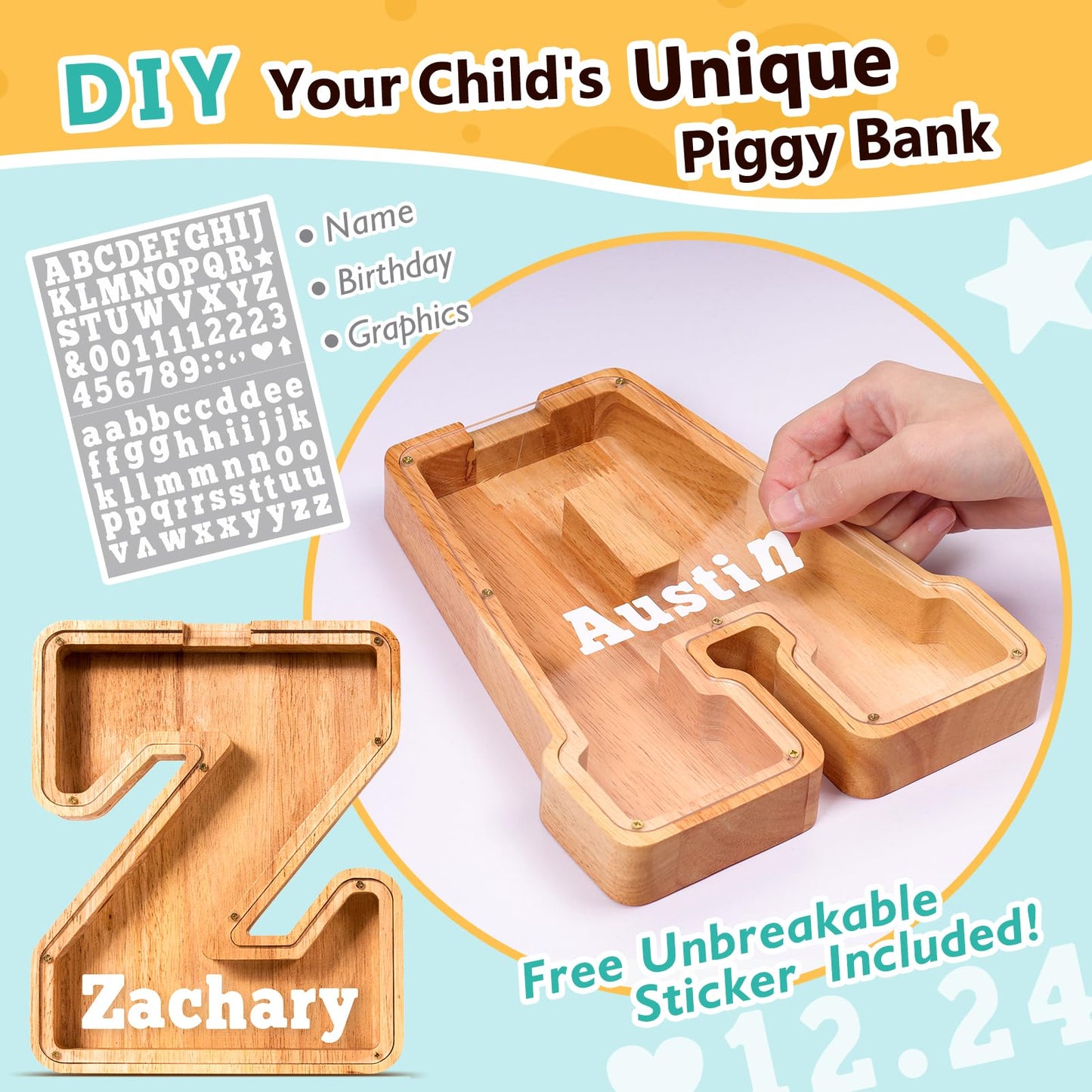 SummiDate Wooden Letter Piggy Bank| Piggy Bank for Boys Girls Toddler| Alphabet Z Money Bank| Coin Bank Birthday Gift for Kids|Birthday Gift for Kids (Z)
