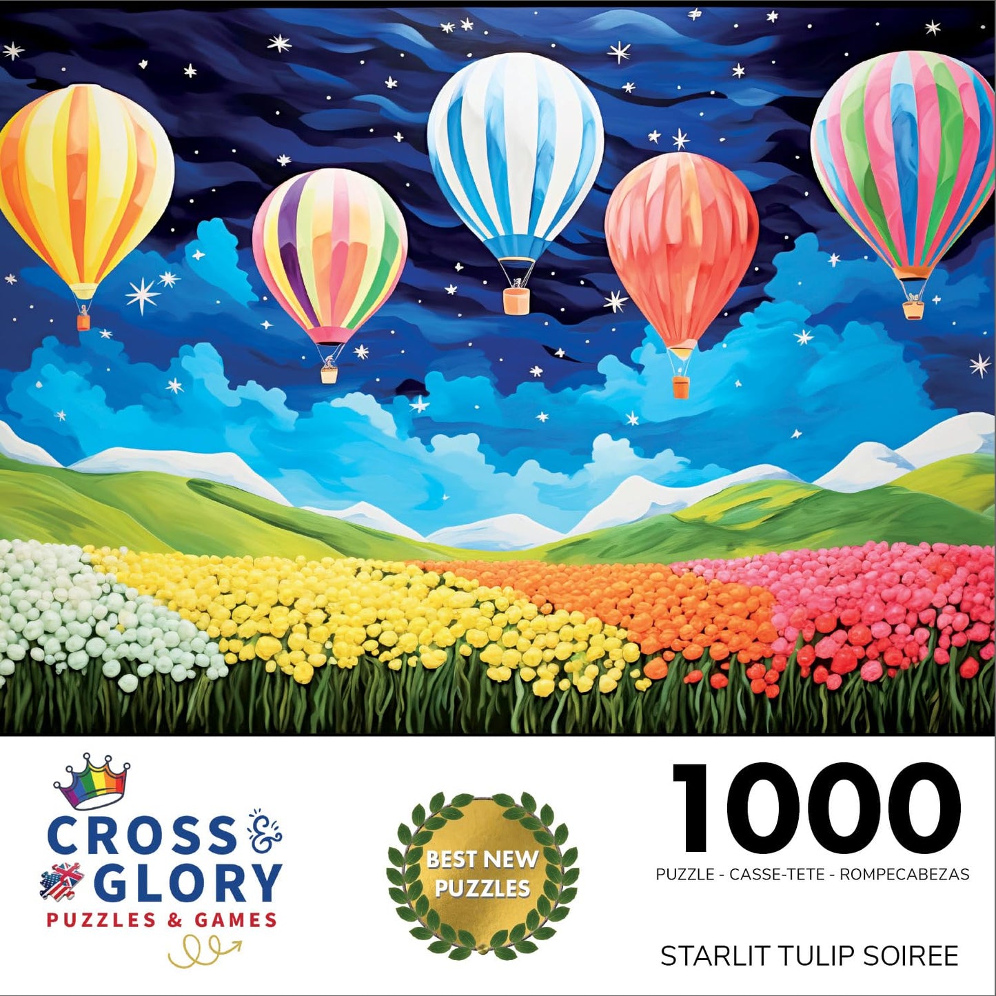 Cross & Glory - Starlit Tulip Soiree - 1000 Piece Jigsaw Puzzle For Adults | Moonlit Floral Scene With Hot-Air Balloons | Vibrant Colors