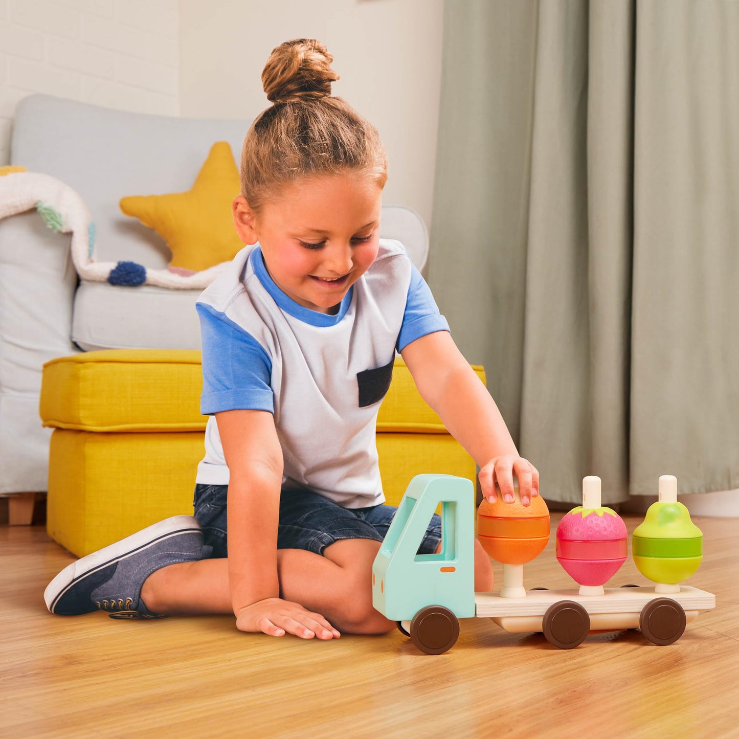 B. Toys- Stack & Roll Fruit Truck- Sort & Stack Toy – Wooden Truck & 9 Stackable Fruit Pieces – Orange, Pear, Strawberry Slices – Learning Toys For Toddlers, Kids – 18 Months +