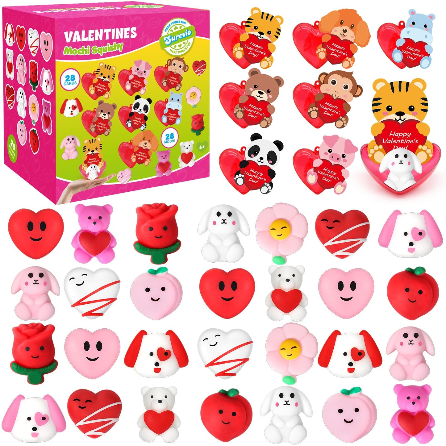 Surcvio 28 Pack Valentine Mochi Squishies Gifts For Kids, Greeting Cards And Mochi Squishies Filled Hearts Kawaii Squishies Stress Relief Fidget Toys Classroom Exchange Party Favors Prizes Gifts